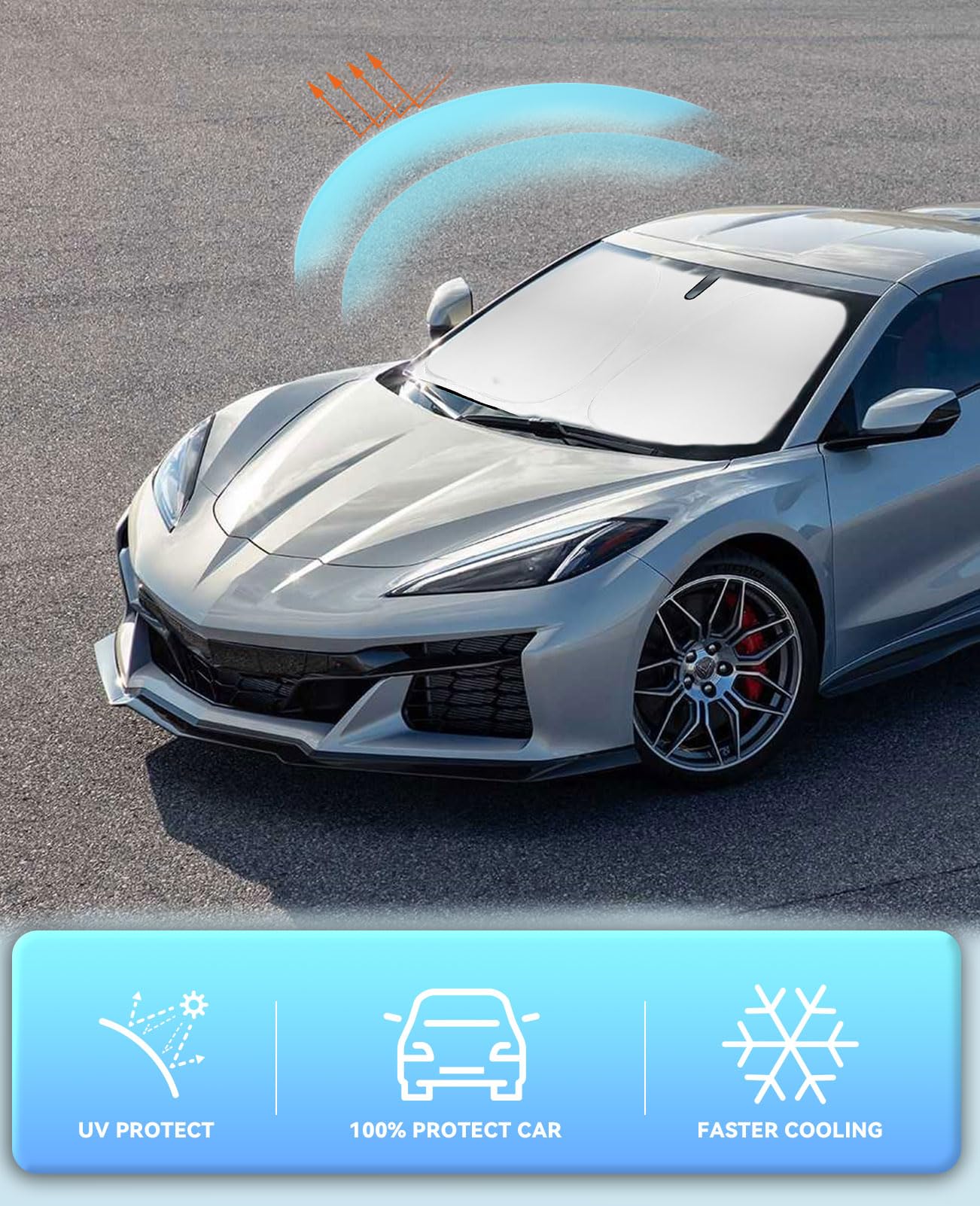 SLOGENTO Car Windshield Sun Shade for 2020-2026 Chevy Corvette C8, Black, UV & Heat Blocking, Easy Fold & Store