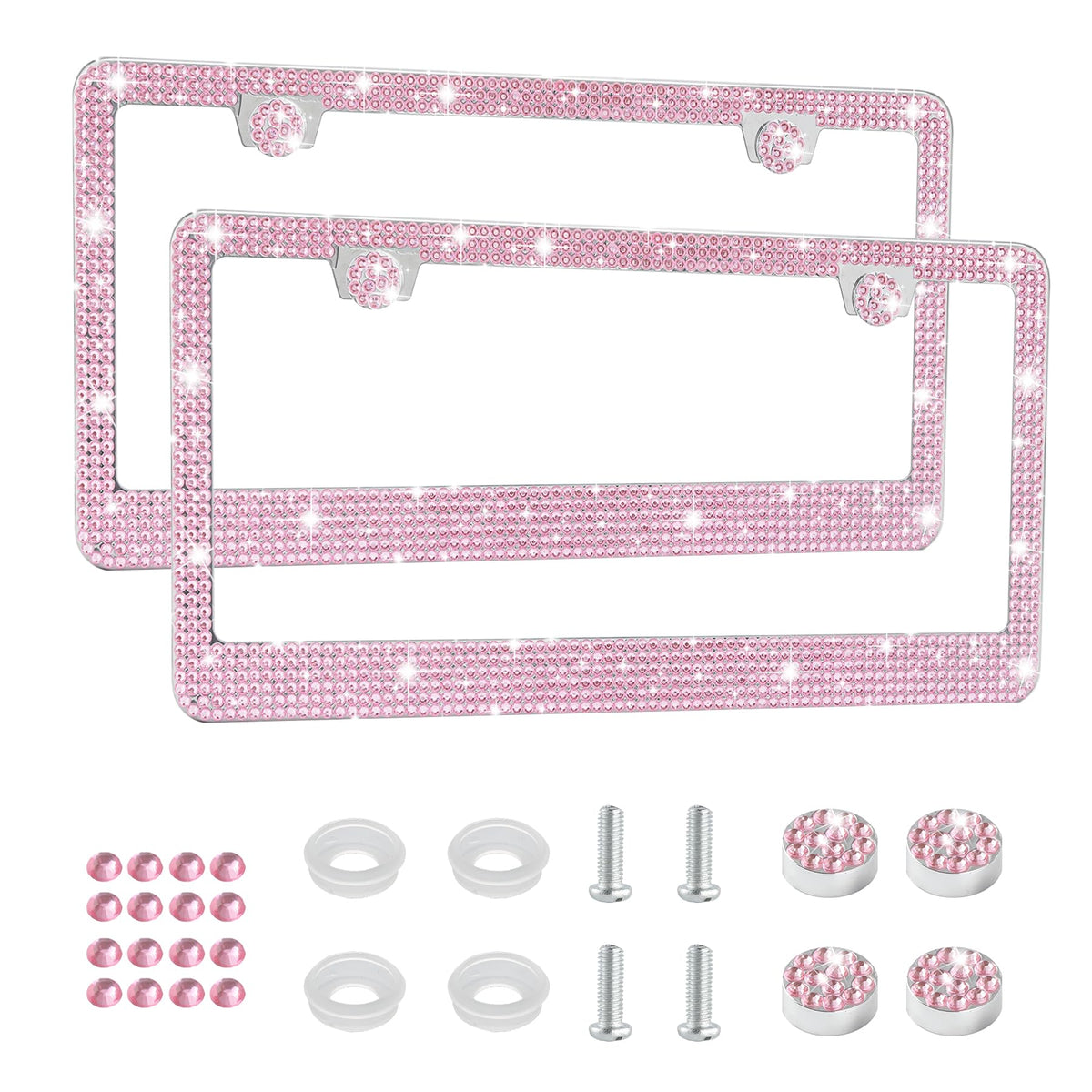Amiss Bling License Plate Frame for Women, 2Pack Rhinestone Handcrafted Crystal Premium Stainless Steel, Stainless Steel Car Acc