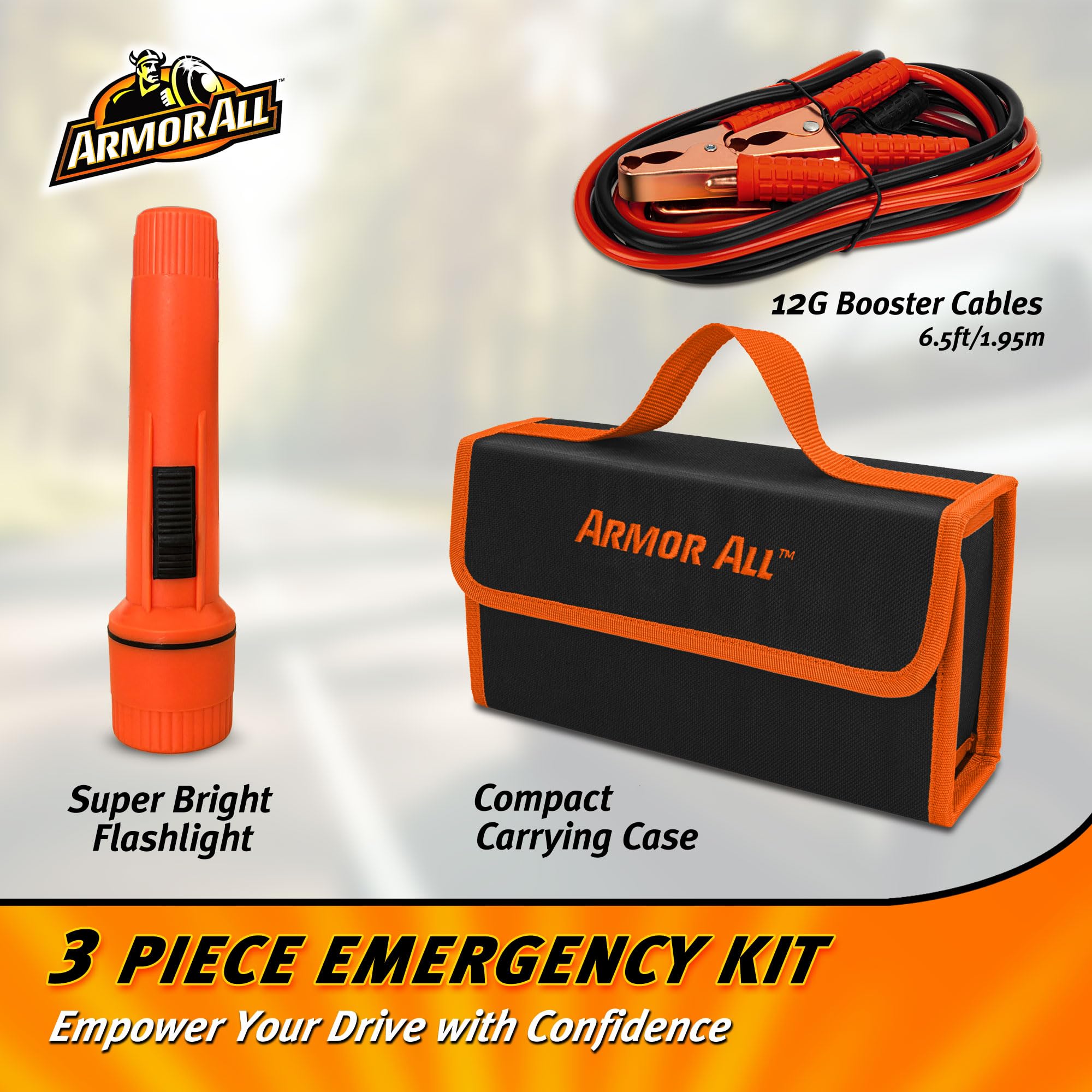 Armor All 3pc Roadside Car Emergency Kit - Storage Bag, 12 Gauge 6.5 Ft Battery Cable, Flashlight, Roadside Assistance, Car Emer