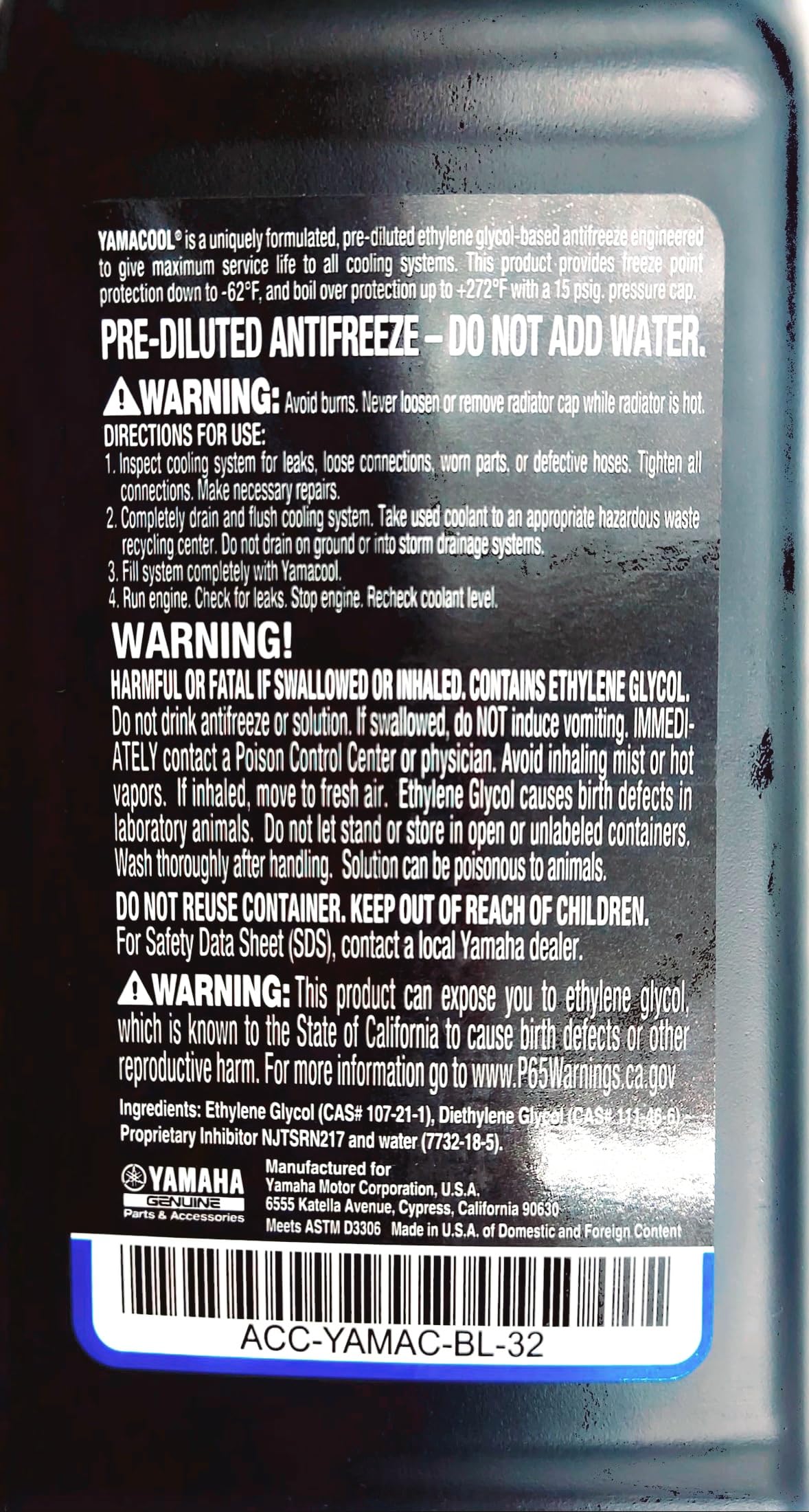 YAMAHA Original OEM Yamalube ACC-YAMAC-BL-32 Pre Diluted Antifreeze Yamalube OEM - (1) Quart