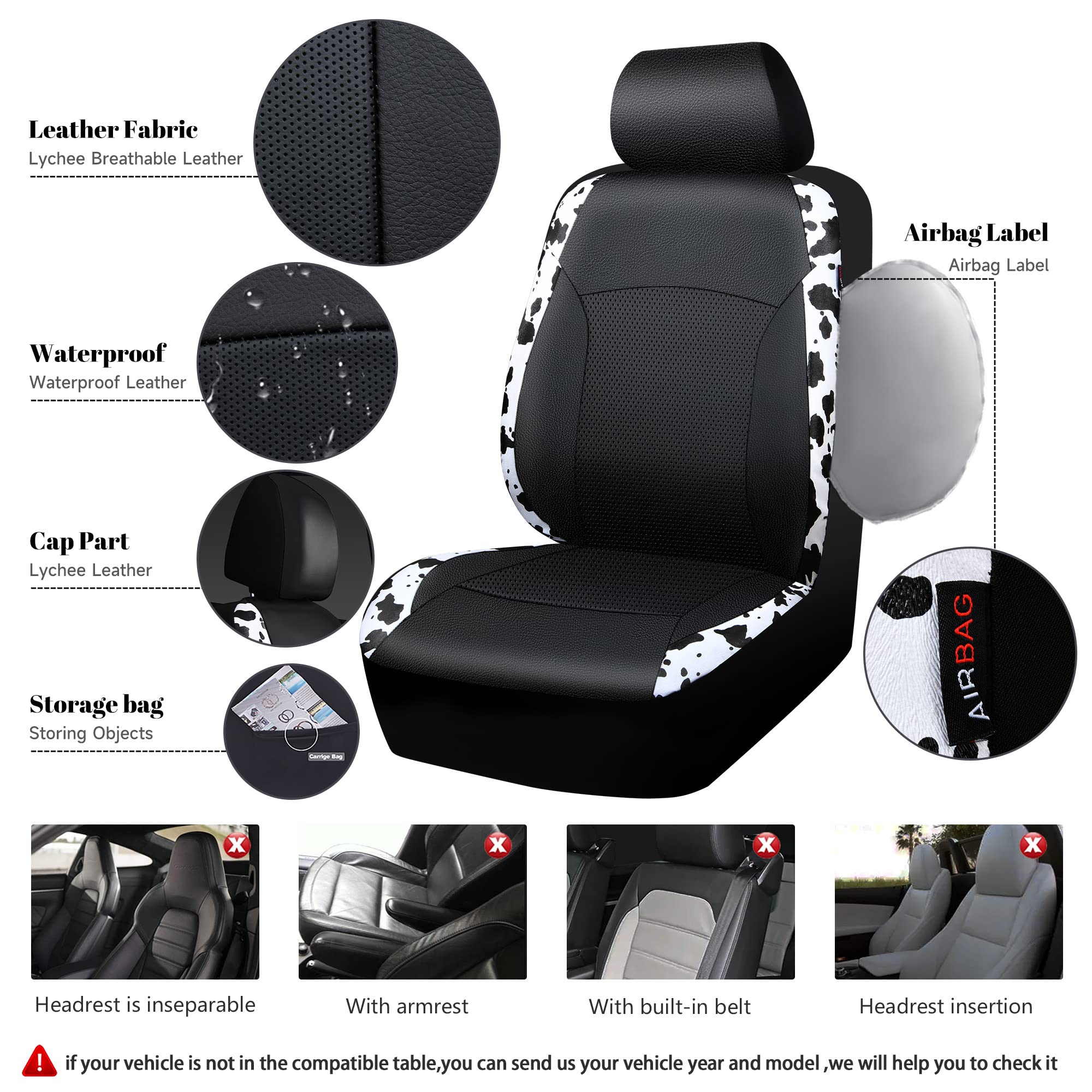Car-Pass Cow Print Car Accessories Sets Faux Leather Car Seat Covers & Cow Car Mats & Cow Steering Wheel Cover Seat Belt Pads Un