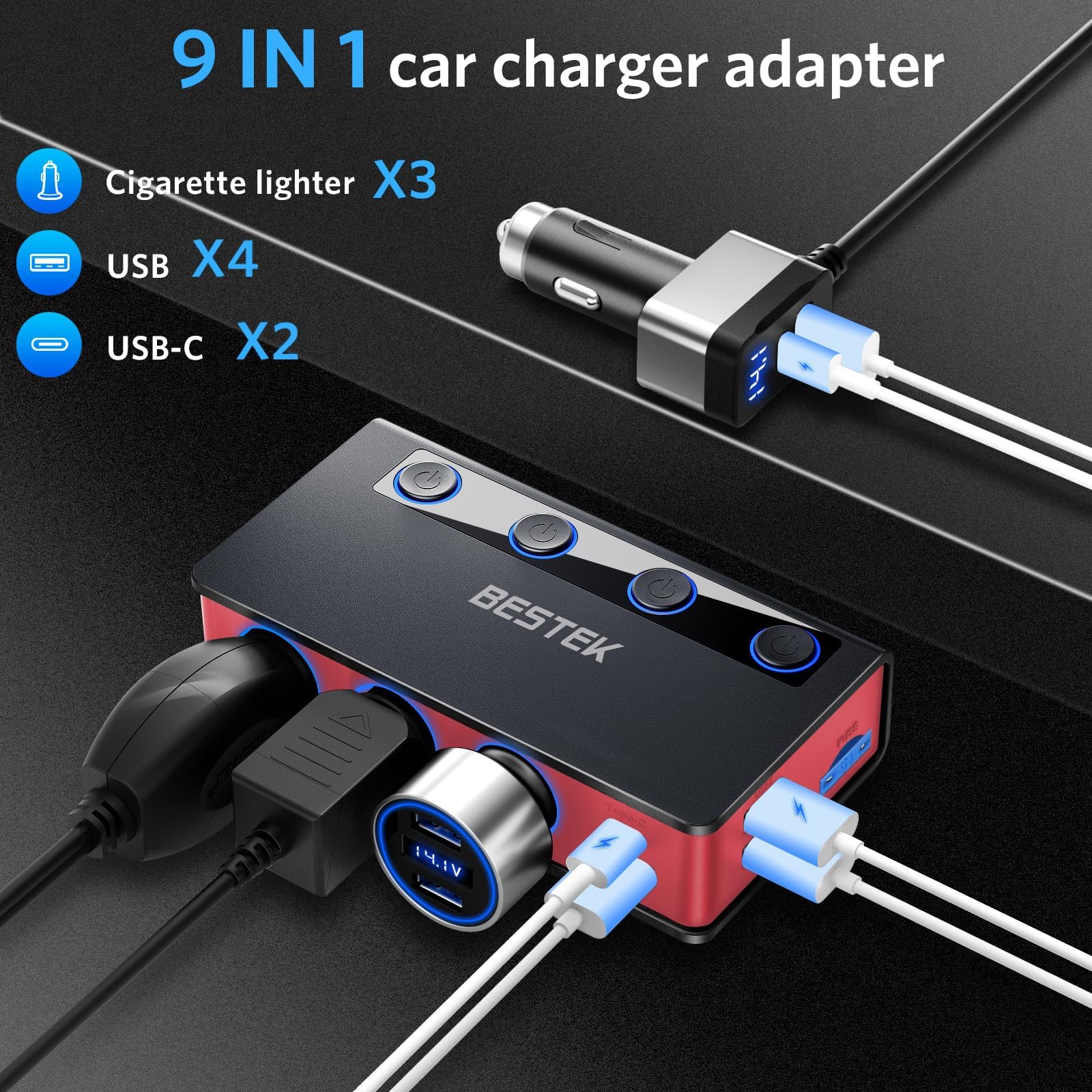 Bestek Cigarette Lighter Splitter Adapter: 9In1 Car Charger 180W 3-Socket Pd 65W And Qc3.0 18W Charging Ports Led Display Super