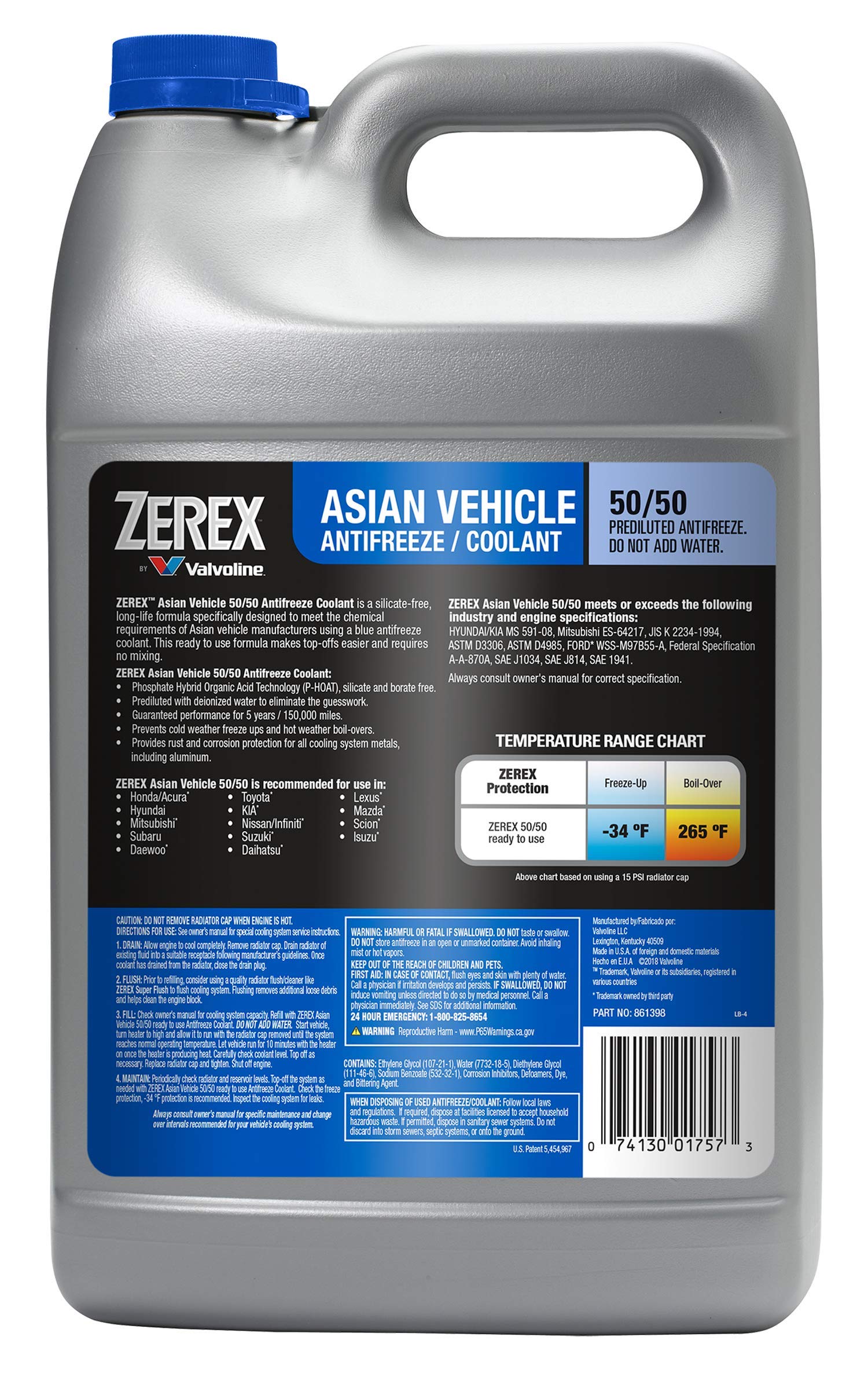 Zerex Asian Vehicle Blue Silicate And Borate Free 50/50 Prediluted Ready-To-Use Antifreeze/Coolant 1 Ga, Case Of 6