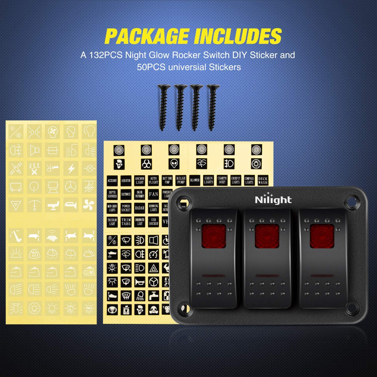 Nilight - 90019C 3 Gang Aluminum Rocker Switch Panel Toggle Dash 5 Pin On/Off Pre-Wired Rocker Switch Red Backlit Switch For Aut