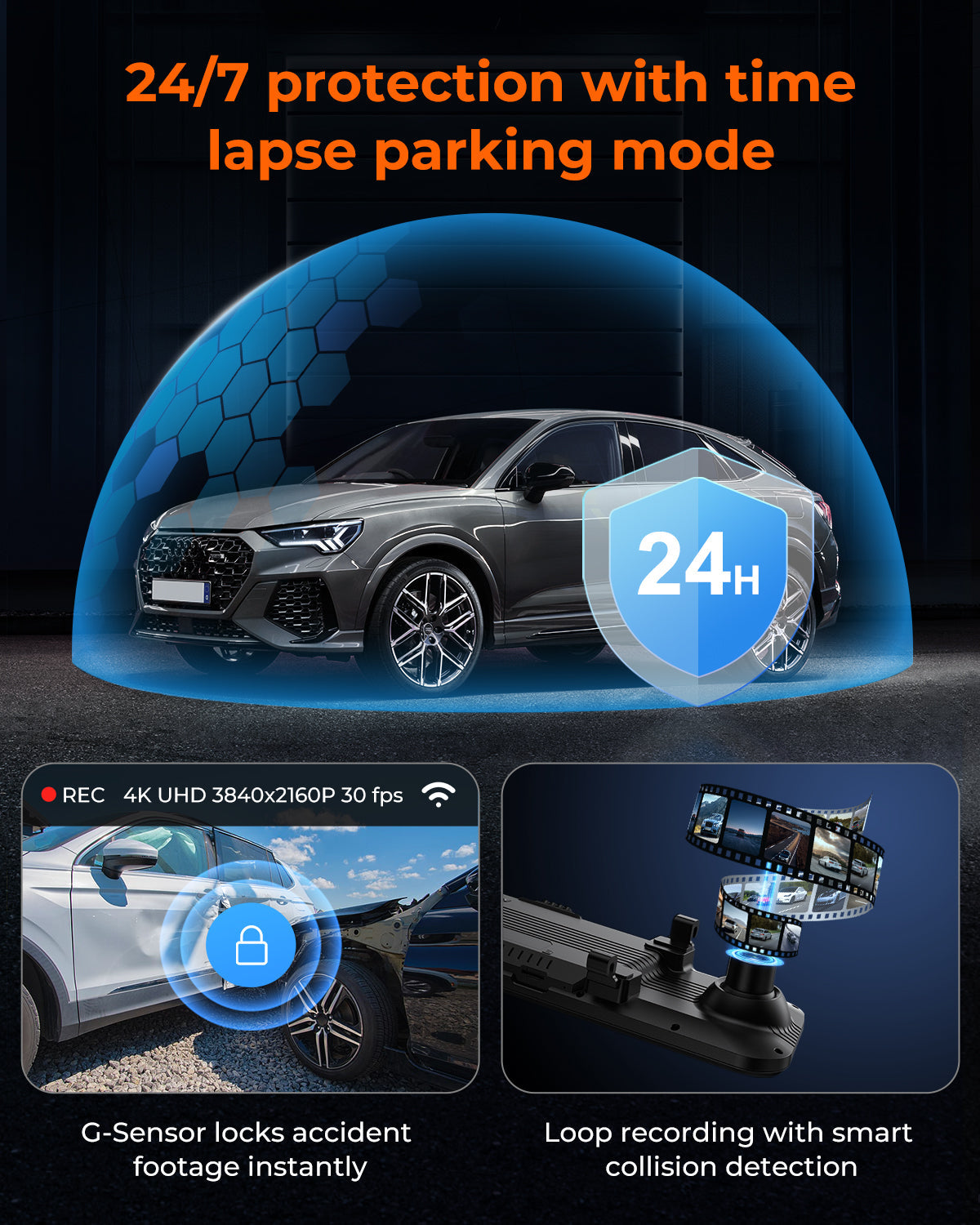 M4 2CH Mirror Dash Cam, 4K+2.5K, 12" IPS Touchscreen