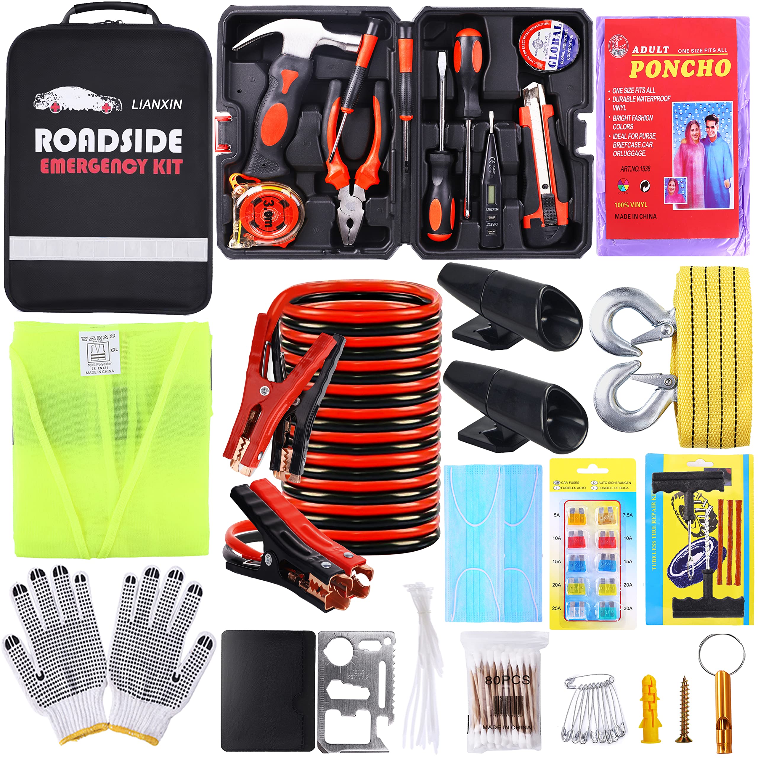 Lianxin Roadside Emergency Car Kit- Emergency Roadside Kit For Car,Roadside Kit With Jumper Cables,Tow Strap,Car Tool Kit,Deer W