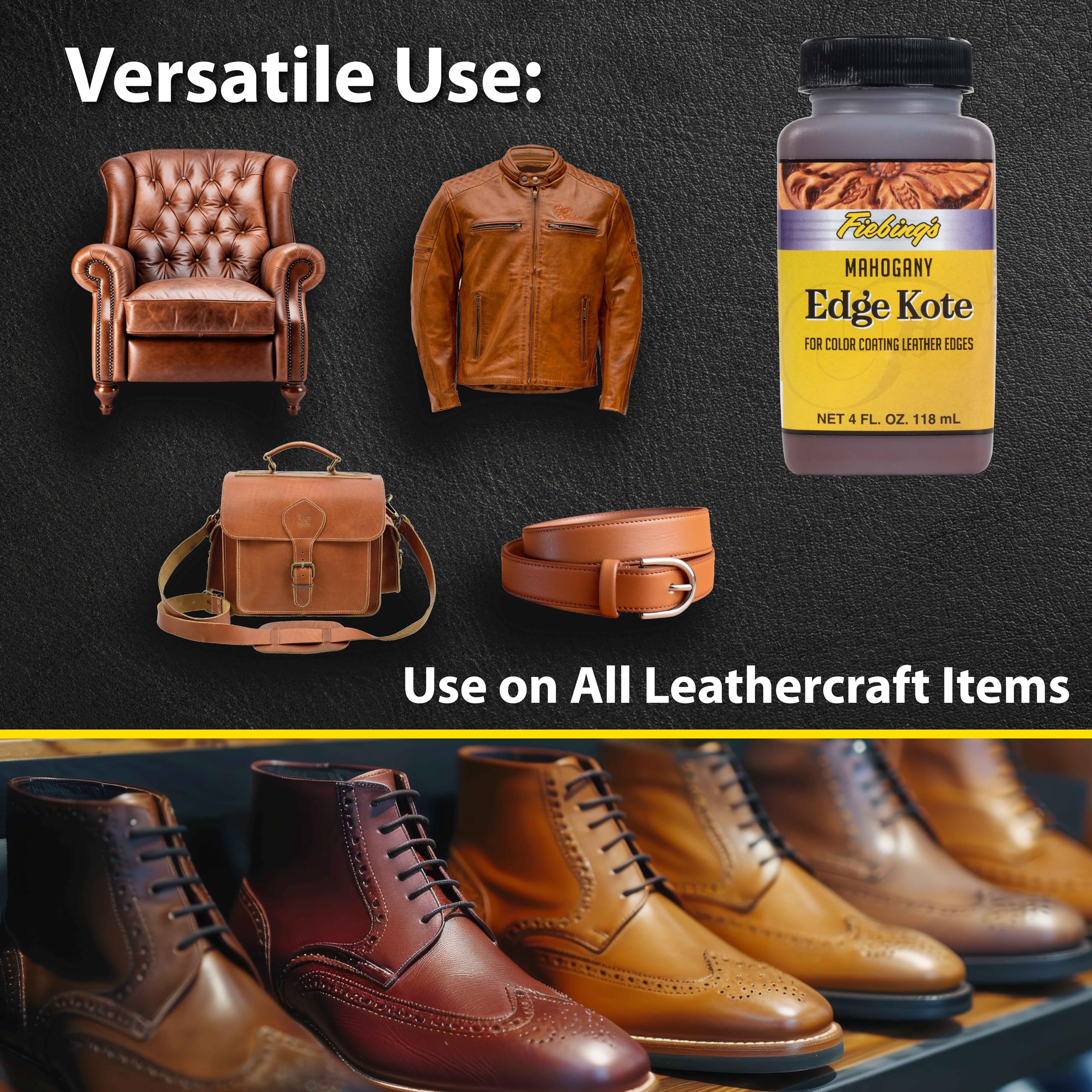 Fiebing'S Edge Kote (4Oz, Mahogany) - Leather Edge Paint For Shoes, Furniture, Purses, Couches, Belts - Flexible, Water Resistan