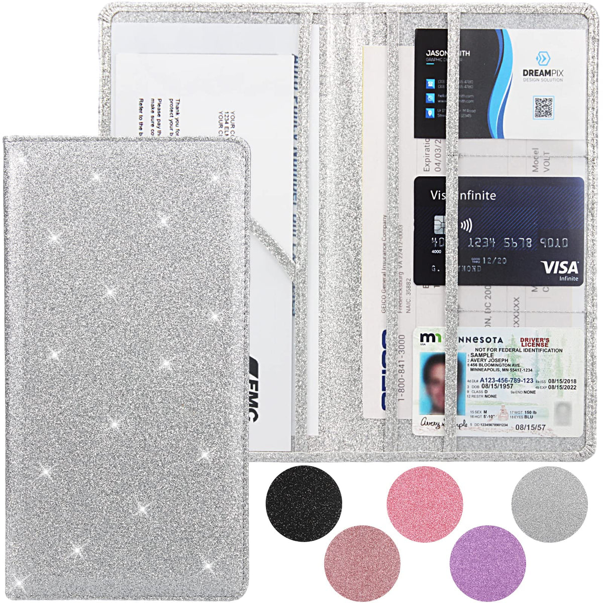 Car Registration And Insurance Holder, Premium Bling Leather Insurance And Registration Holder,Vehicle Glove Box Car Organizer,Wallet Accessories Case With Magnetic Shut For Cards, Essential Document, Driver License (Silver)