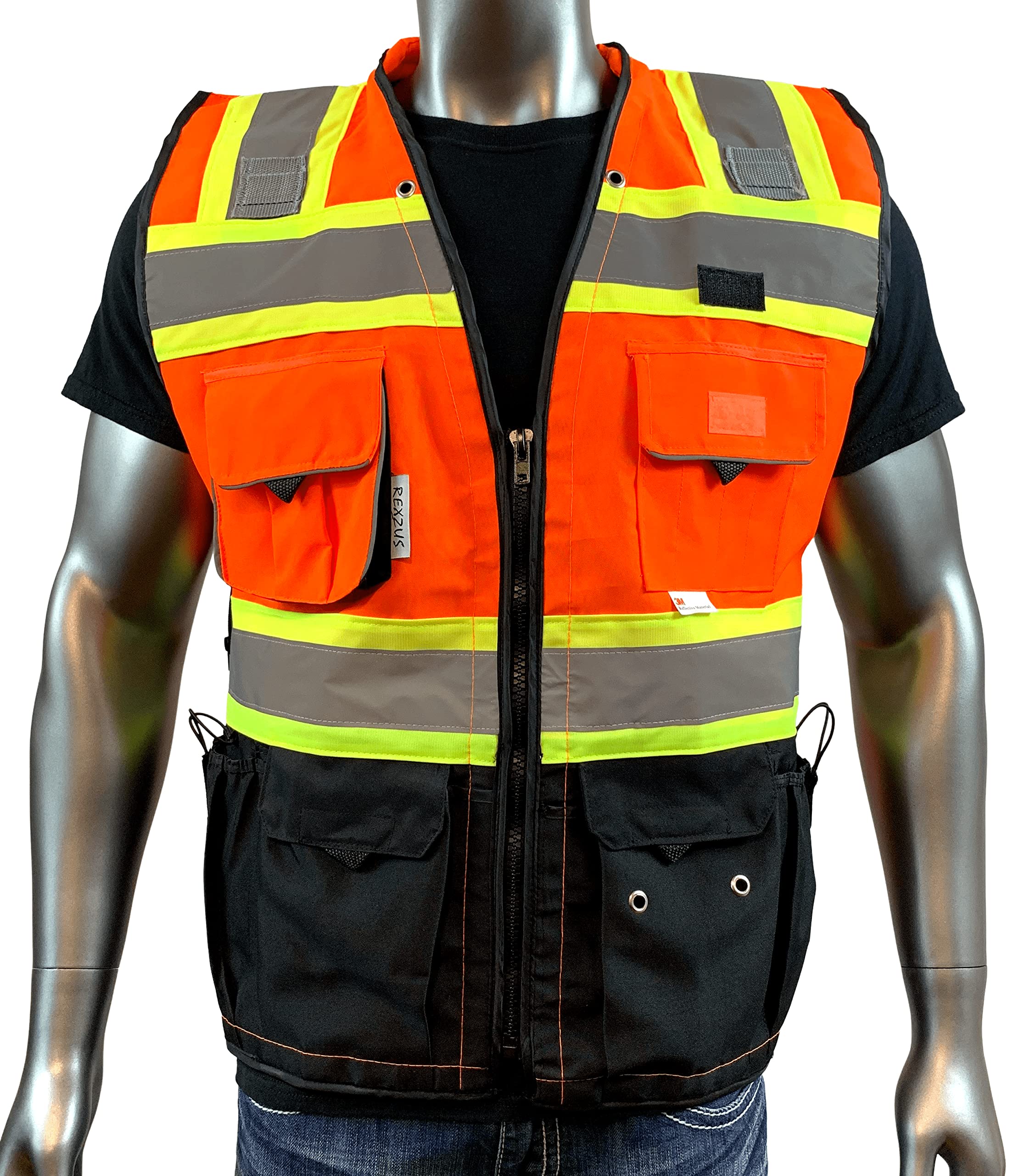 REXZUS (C Vest Mens Class 2 Black Series Safety Vest With Zipper and Utility Pockets Premium Black Series Surveyors Vest (Medium