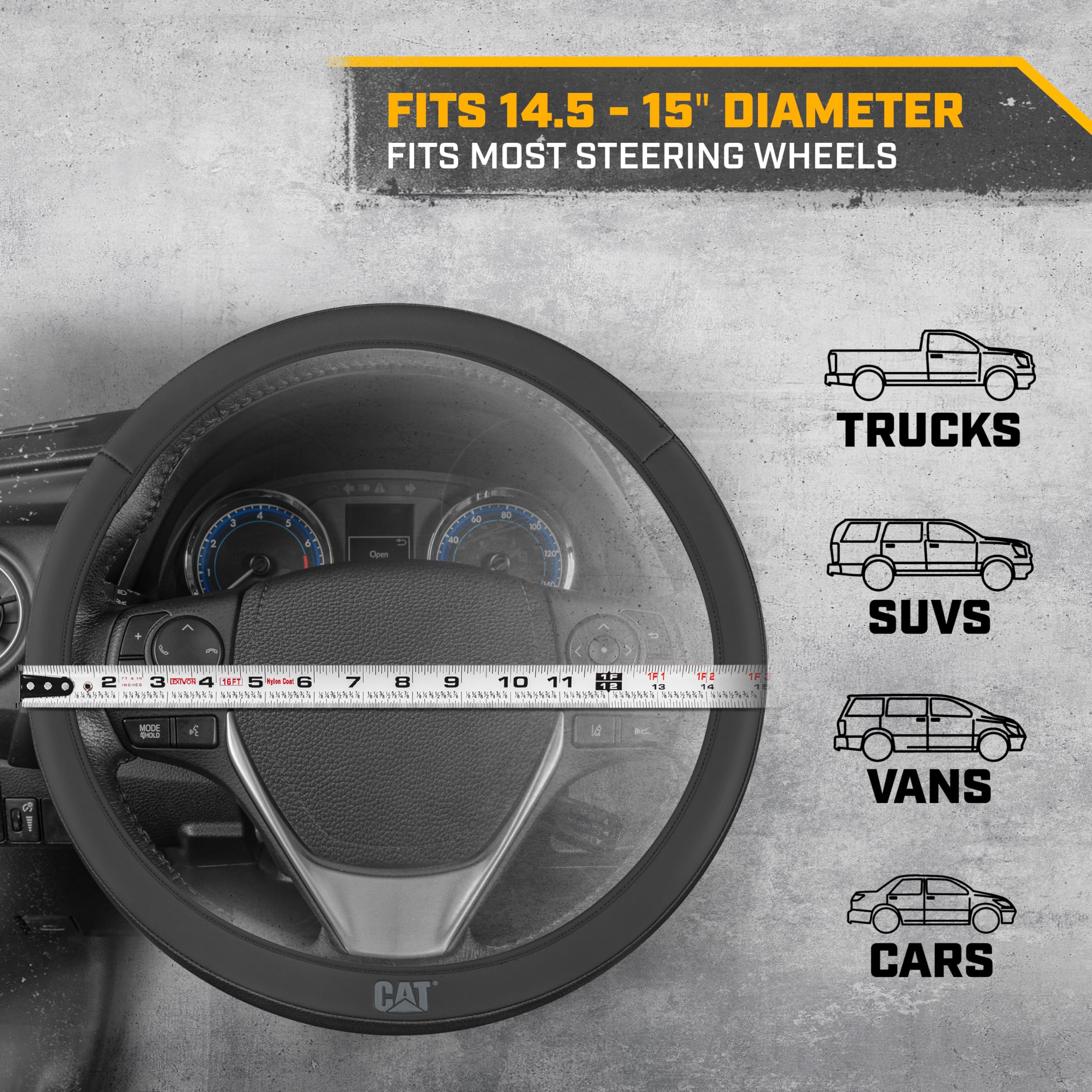 Cat Easywrap Faux Black Leather Steering Wheel Cover, Standard 15 Inch Size, Durable And Comfortable Self Wrapping Car Steering