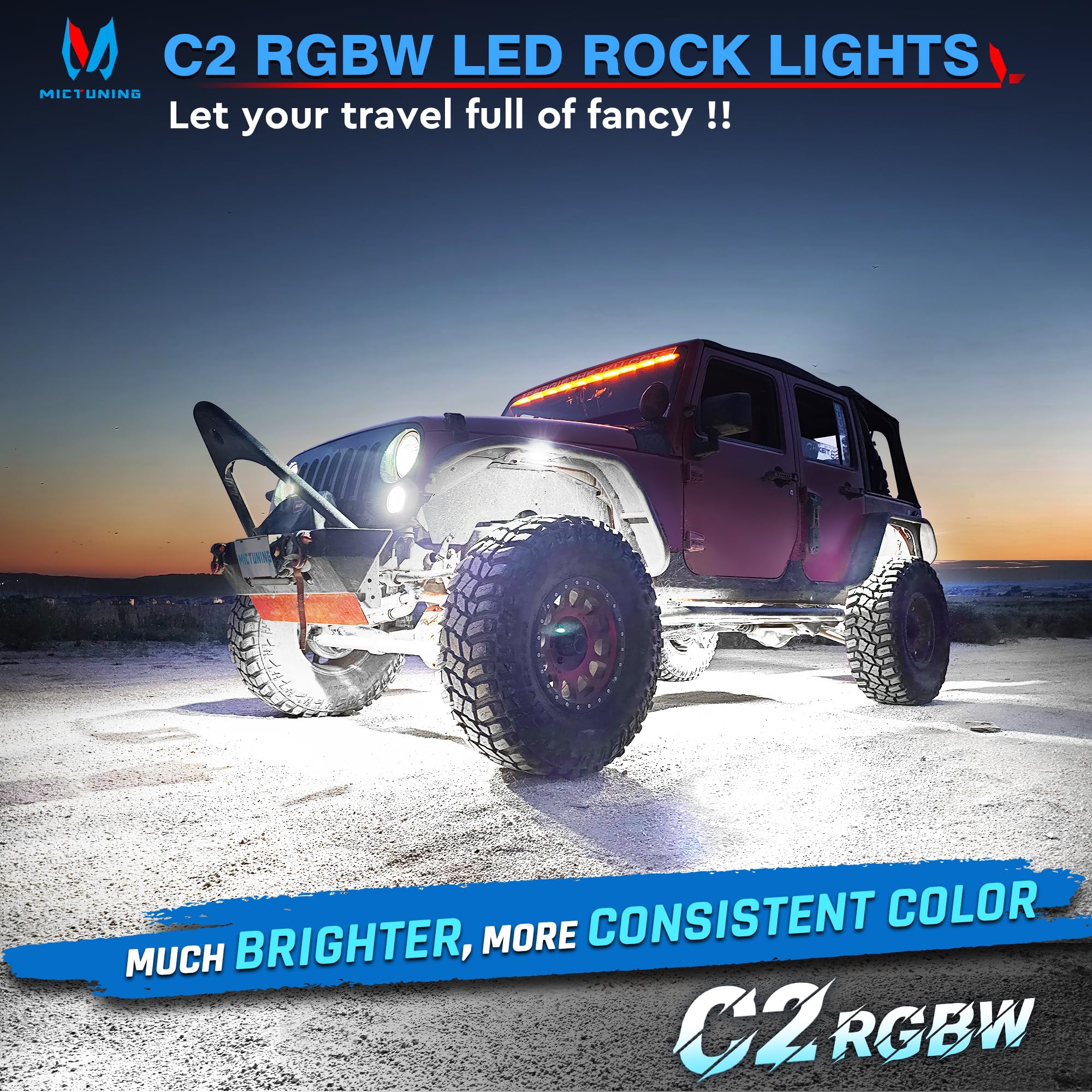 Mictuning C2 Curved Rgbw Led Rock Lights - 12 Pods Underglow Multicolor Neon Light With Wiring Switch Kit, Bluetooth Controller