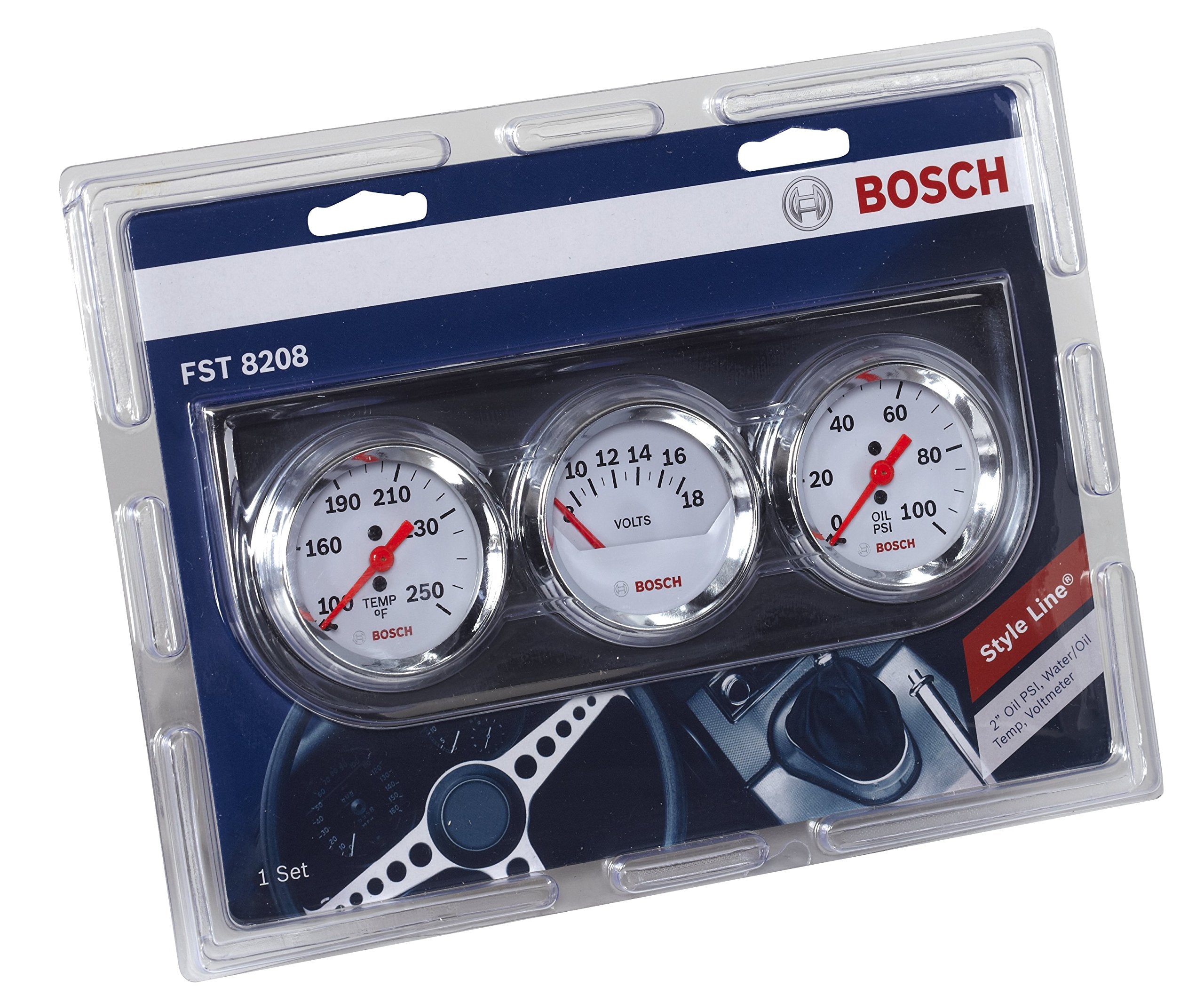 Bosch Sp0F000046 Style Line 2'' Triple Gauge Kit (White Dial Face, Chrome Bezel)