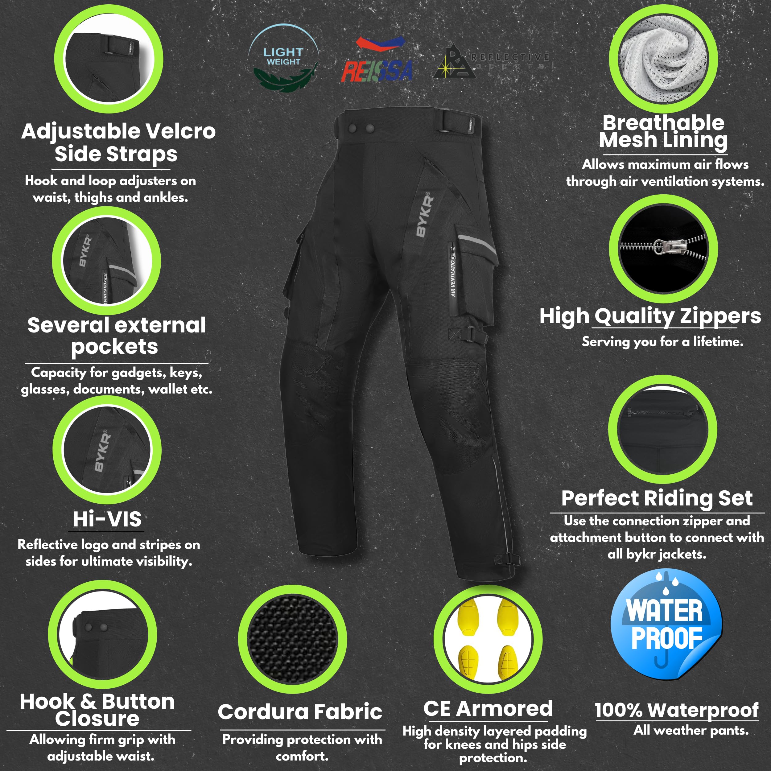 BYKR Motorcycle Pants for Men & Women, Armored Cordura Overpants, 36W x 30L, Black, Ideal for Enduro ATV Dual Sports Motocross