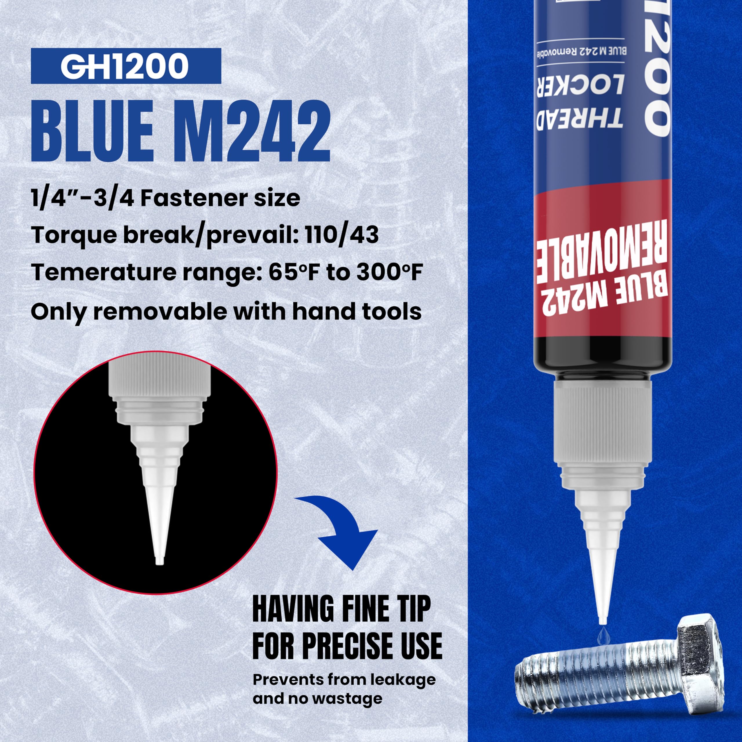 Gh1200-50Ml Blue Thread Lock Medium Strength For Nuts, Bolts, And Metals - Threadlocker Lock Tight & Seal Fasteners With Stable