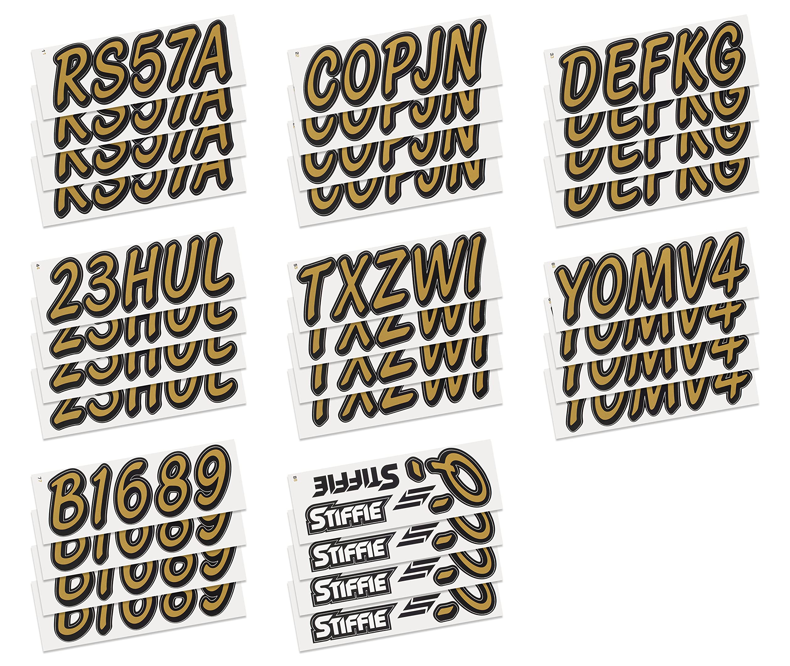 Stiffie Whipline Solid Metallic Gold/Black 3 Alpha-Numeric Registration Identification Numbers Stickers Decals For Boats & Personal Watercraft