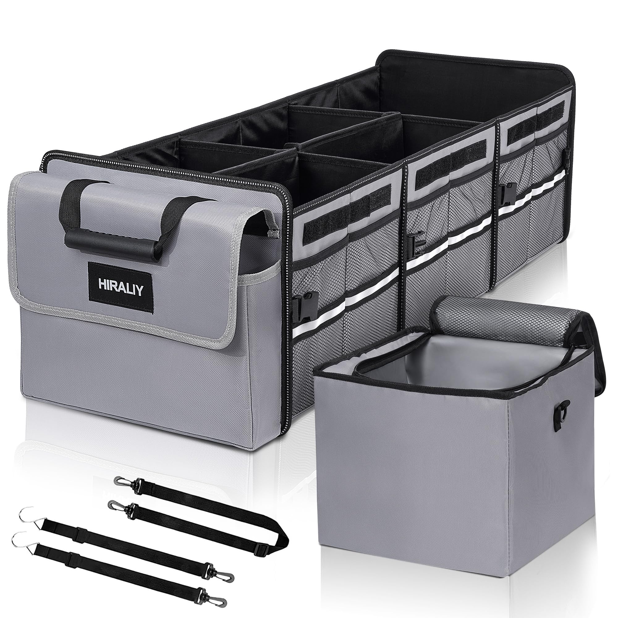 Hiraliy 4 In 1 Car Trunk Storage Organizer, Multi Compartment Collapsible Trunk Storage Box With Leakproof Insulated Bag For Car