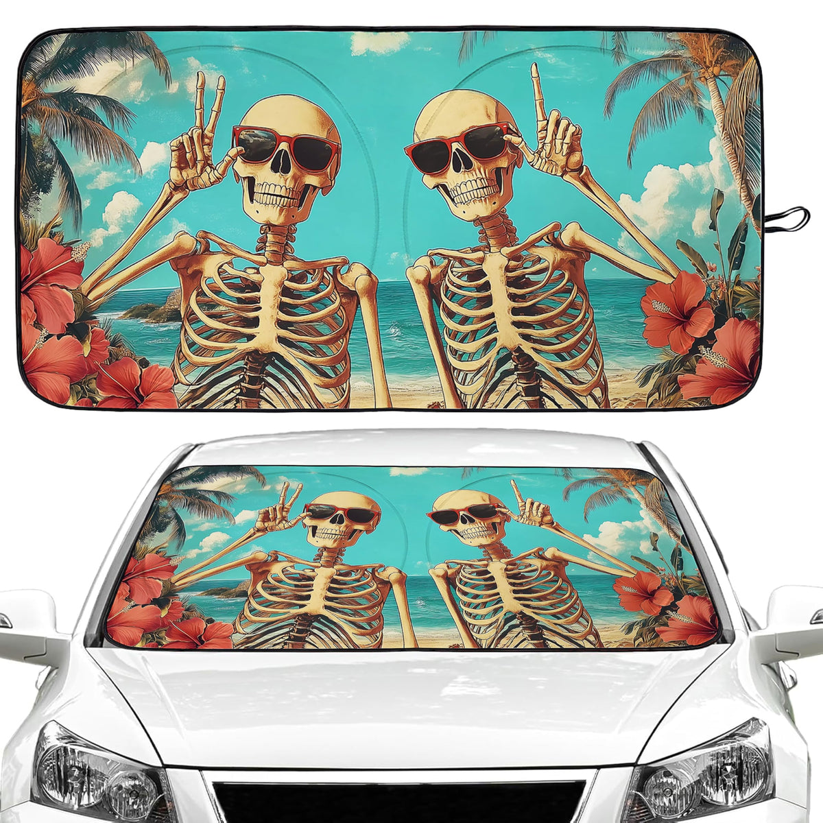 Funny Skull Beach Car Windshield Sun Shade Foldable Sunshade Front Window Cover Sun Visor Protector Accessories for Truck SUV (5
