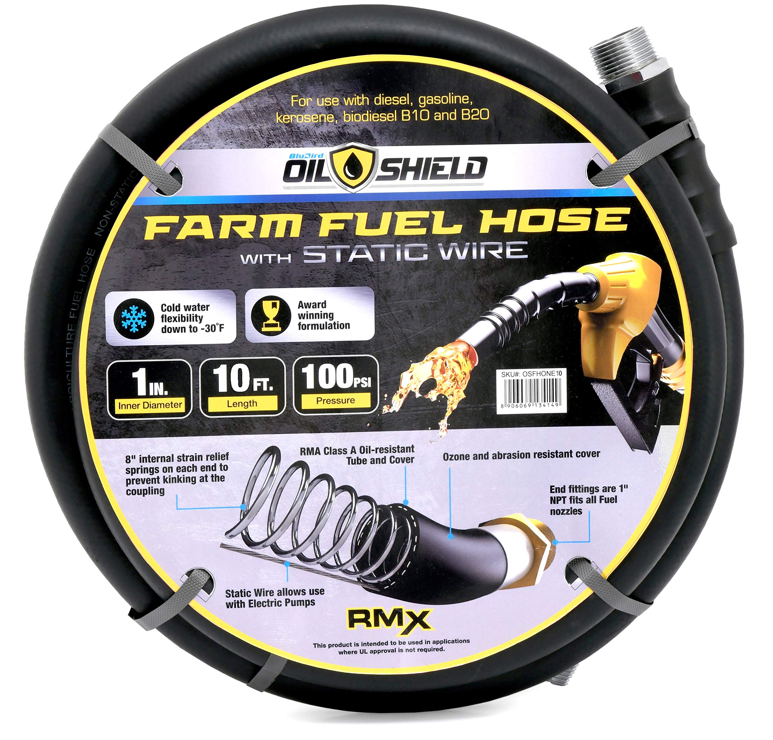 OIL SHIELD 1 x 10 ft Rubber Farm Fuel Transfer Hose with Static Wire - 2x Kink Resistance, Flexible to -30F, Oil & Ozone Resista