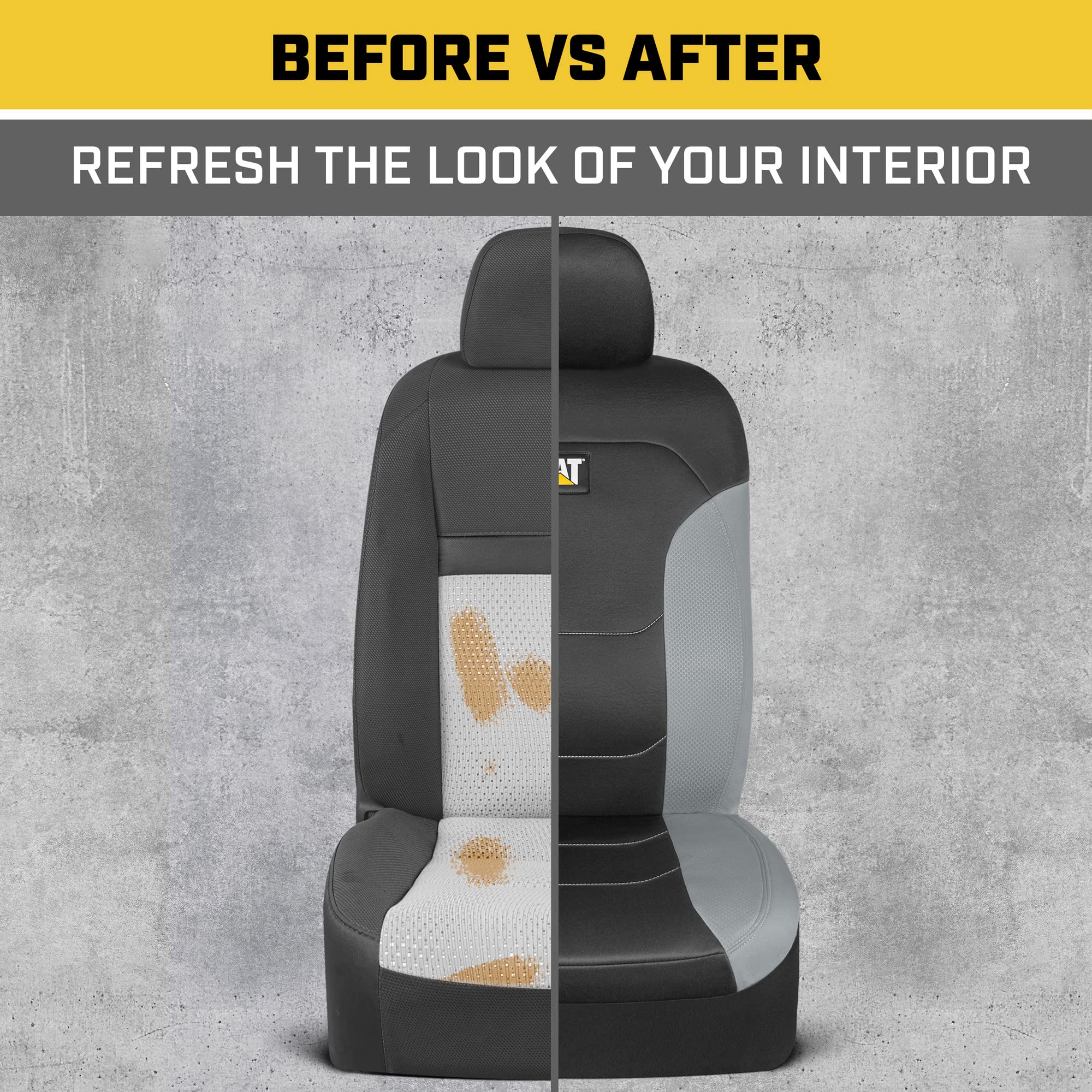 Caterpillar Flexfit Automotive Seat Covers for Cars Trucks and SUVs (Set of 2) - Black Seat Covers for Front Seats, Seat Protectors with Gray Honeycomb Trim, Auto Interior Covers