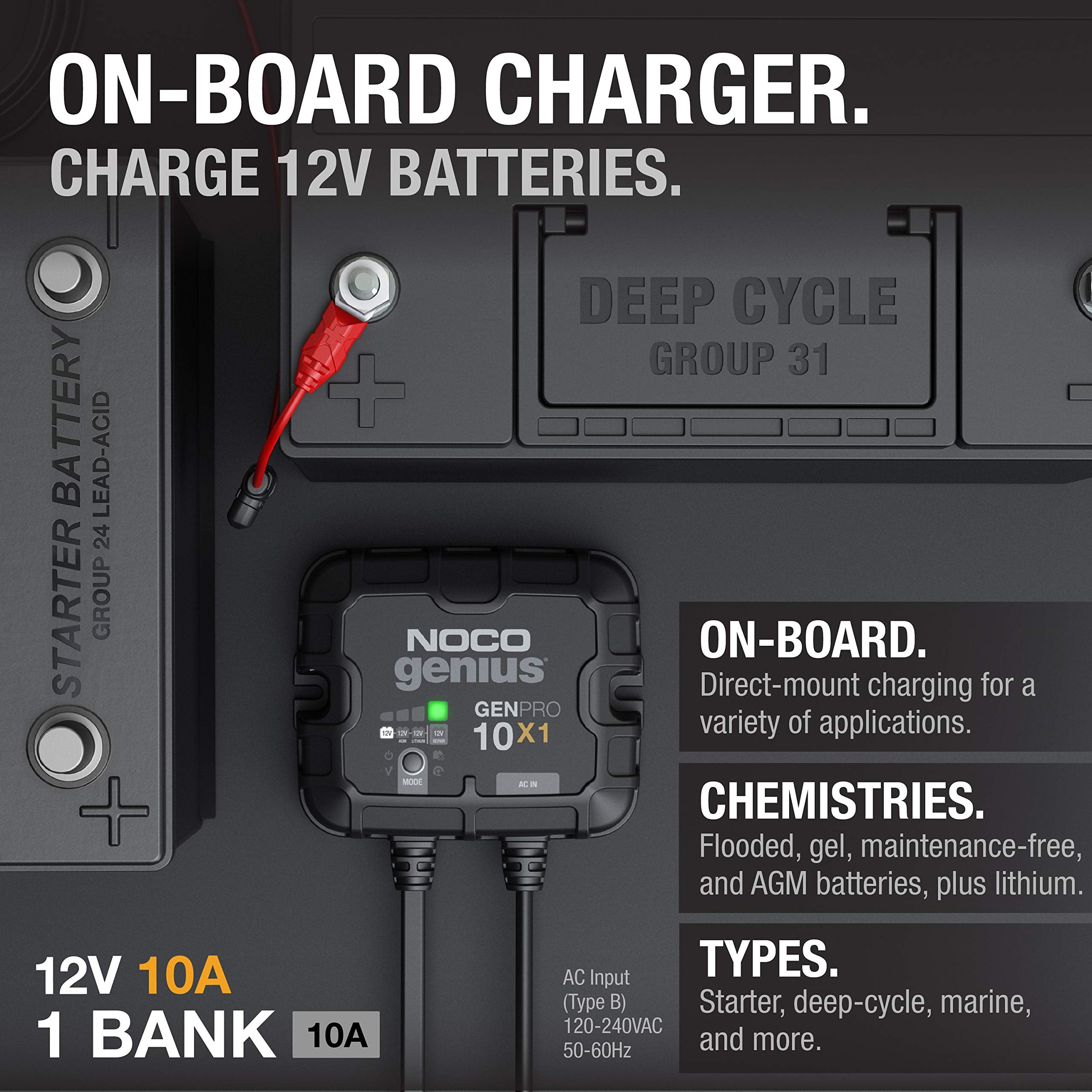 NOCO 10A Smart Marine Battery Charger for AGM, Lithium, and Deep-Cycle Batteries - 12V, Waterproof, Onboard Boat