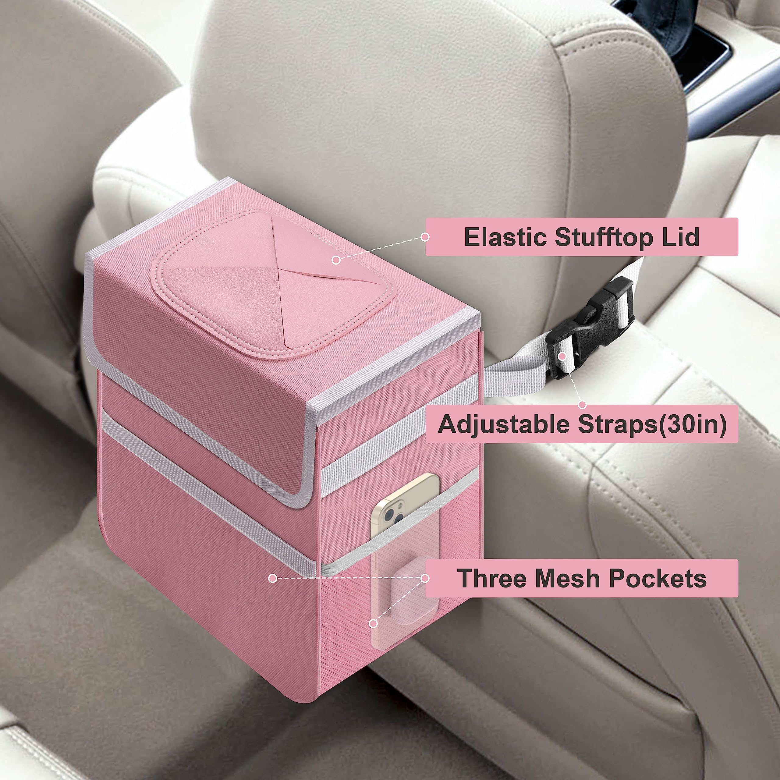 Simple Deluxe Car Trash Can, Leak-Proof Car Garbage Can with Lid and Storage Pockets, Collapsible, Portable and Waterproof, 2 Ga