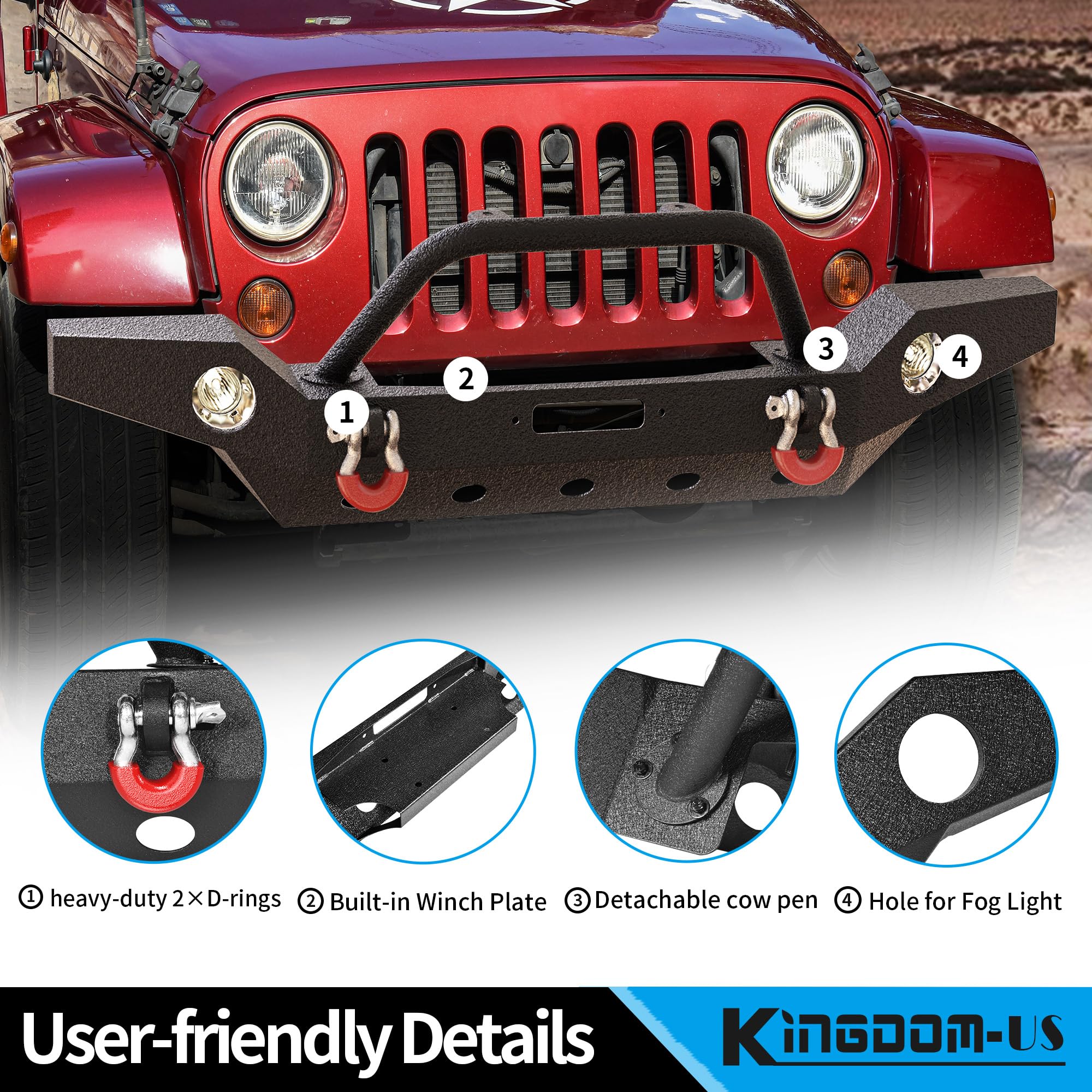 Ledkingdomus Full Width Front Bumper Compatible With 07-18 Jeep Wrangler Jk And Jk Unlimited Rock Crawler With Fog Lights Hole,
