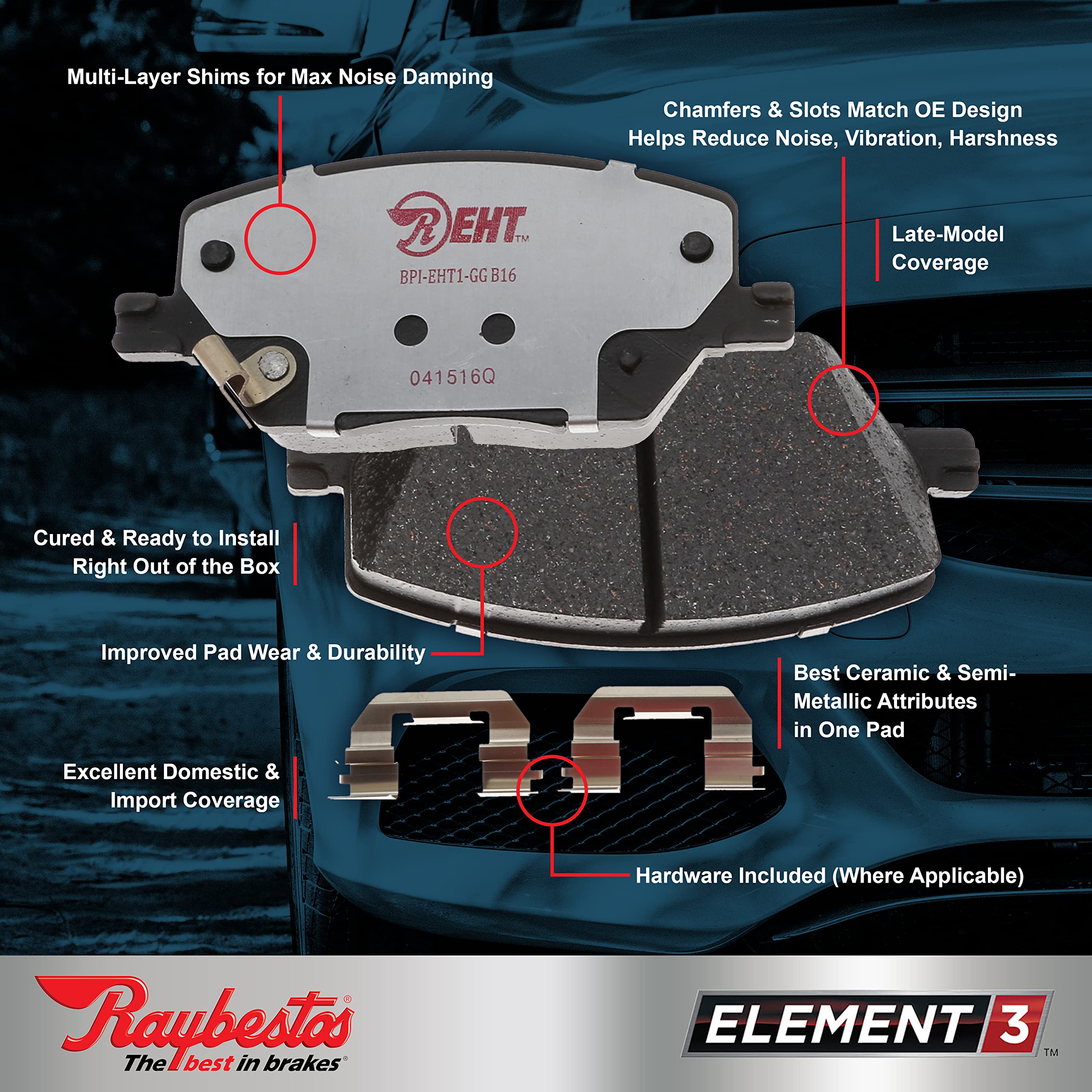 Raybestos Element3 Ehttm Replacement Rear Ceramic Brake Pad Set For Select 2015-2019 Mini Cooper Model Years (Eht1800H)