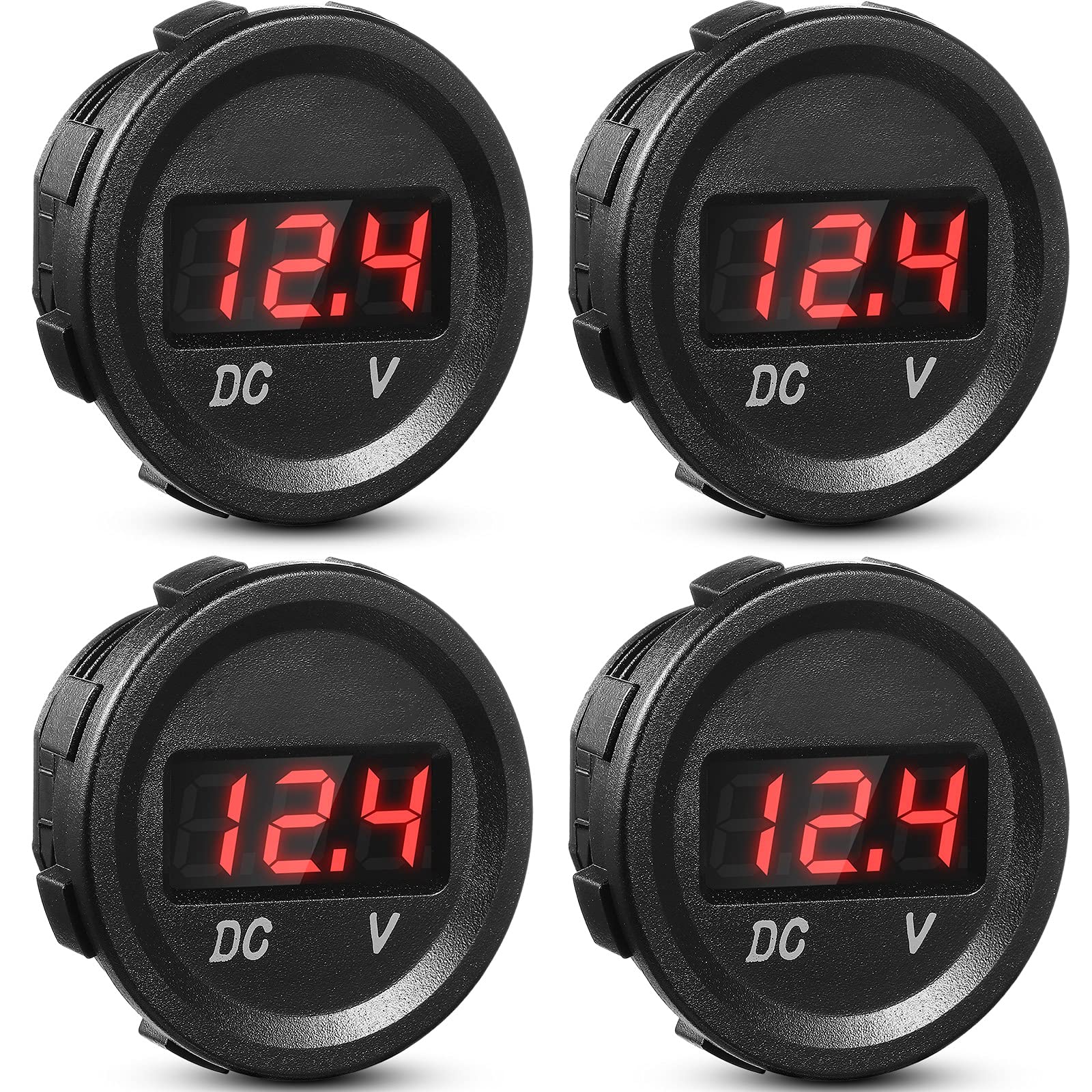 4 Pieces DC 12V Car Voltage Gauge LED Display Waterproof Voltmeter Digital Round Panel Voltmeter Compatible with Vehicle Motorcy