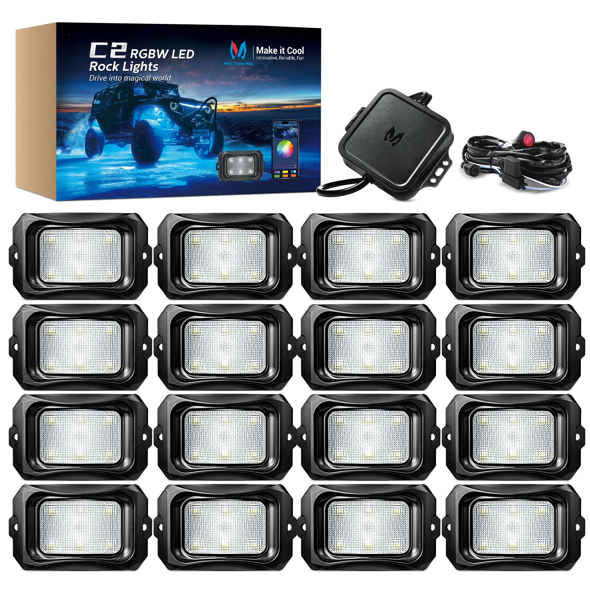 Mictuning C2 Curved Rgbw Led Rock Lights - 16 Pods Underglow Multicolor Neon Light With Wiring Switch Kit, Bluetooth Controller