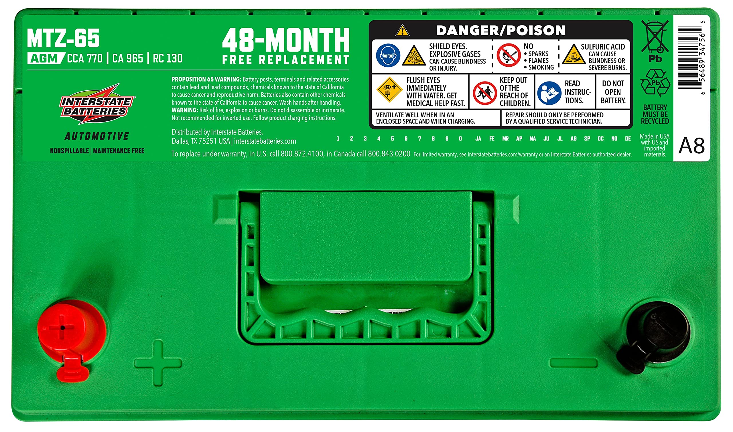 Interstate Batteries Automotive Battery 12V 65Ah 770CCA (MTZ-65) Automobile SLI AGM Starting Replacement Battery (Group Size 65)