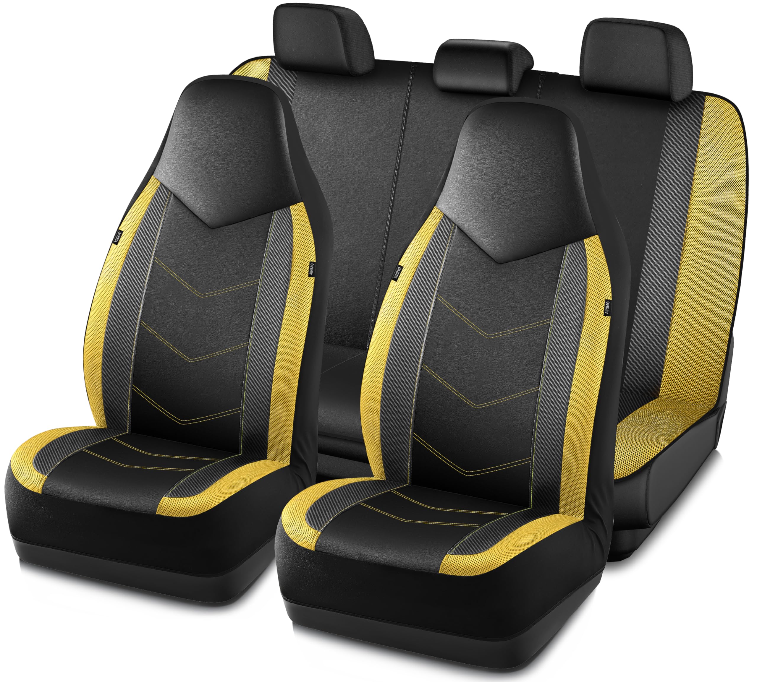 Pic Auto Leather Car Seat Covers, Sports Carbon Fiber & Mesh Design, High-Back Front & Rear Full Set, Waterproof Automotive Seat