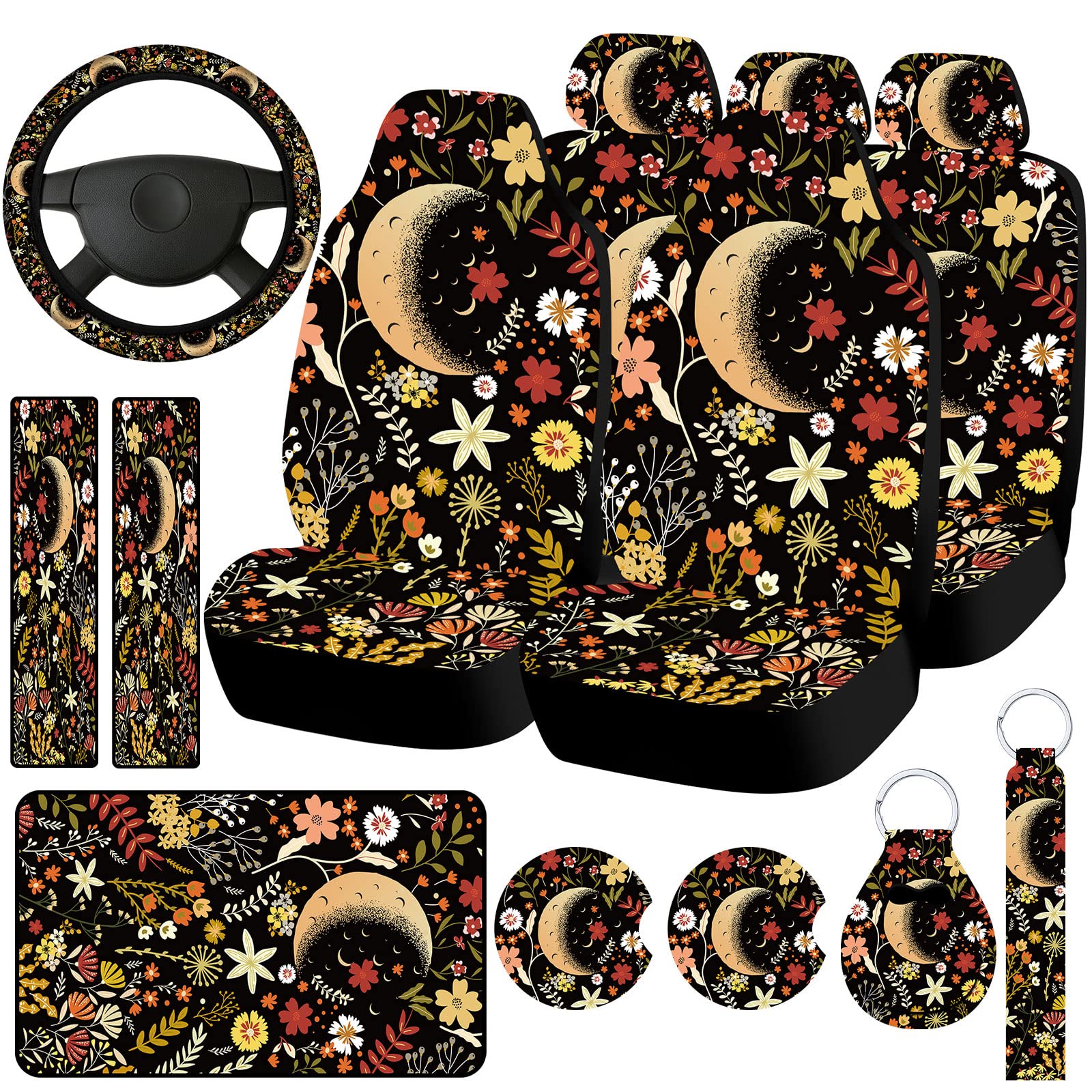 Fiada 15 Pcs Car Seat Covers Full Set Car Accessories Set Steering Wheel Cover Armrest Handbrake Gear Shift Knob Headrest Access