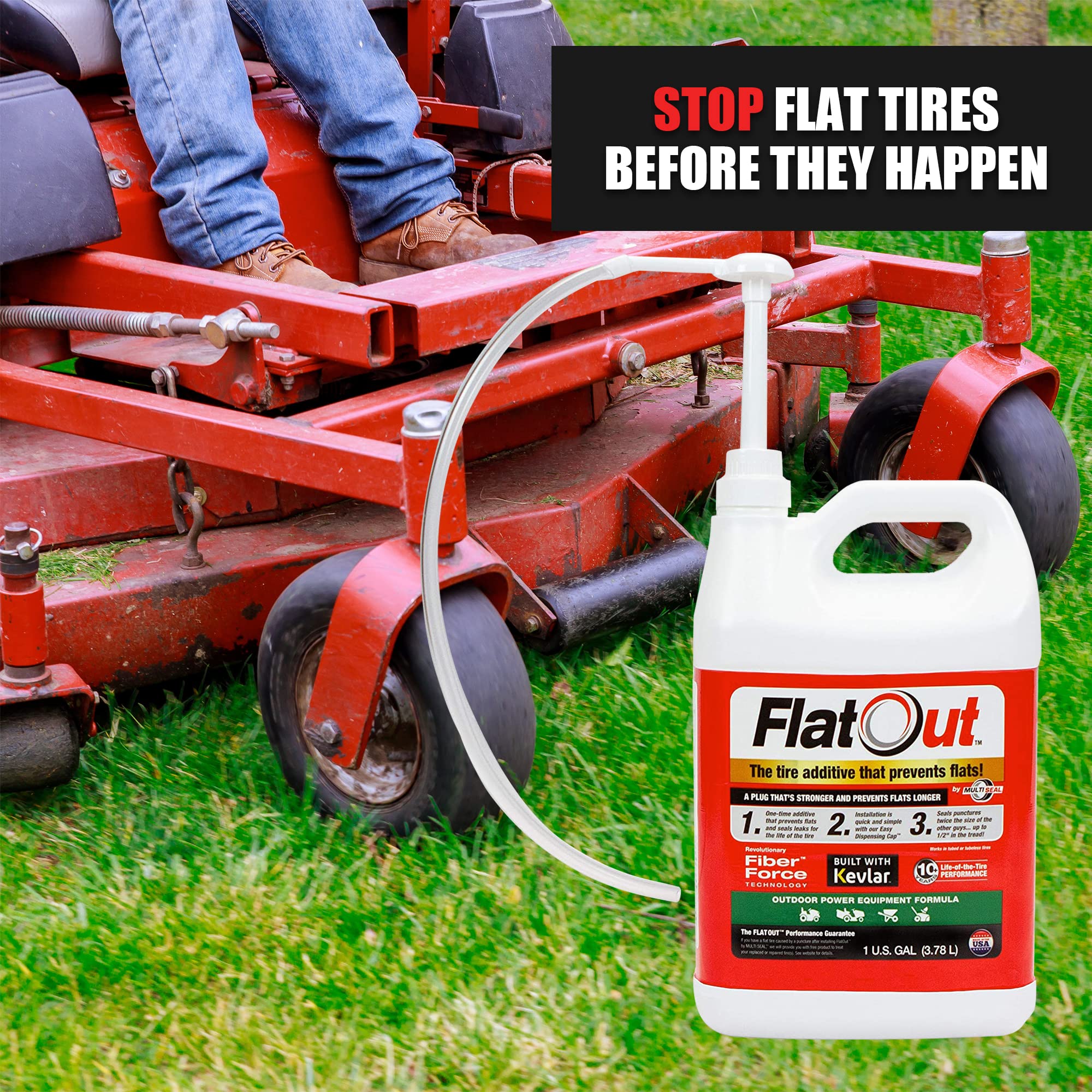 Flatout Off Road Tire Sealant, Outdoor Power Equipment Formula With Valve Core Tool, Prevents Flat Tires, Fix A Flat Tire, Seals Leaks, Contains Kevlar, 1 Gallon