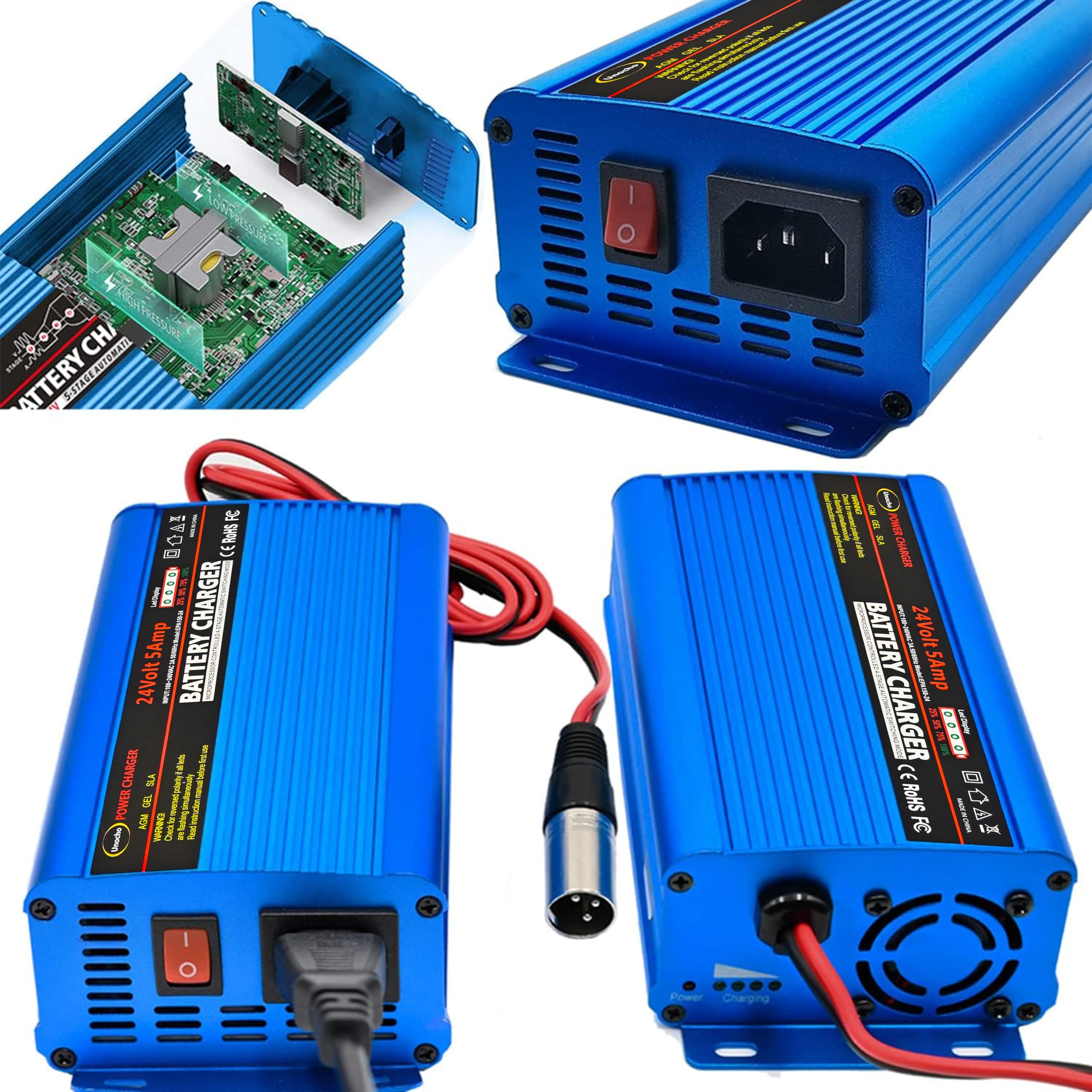 Unocho 24V Battery Charger Automatic Smart Charger 5A Trickle Charger And I/O Switch 3 Pin Xlr Connector Suitable For Charging Agm Gel Lead-Acid Batteries For Cars Wheelchairs Boats