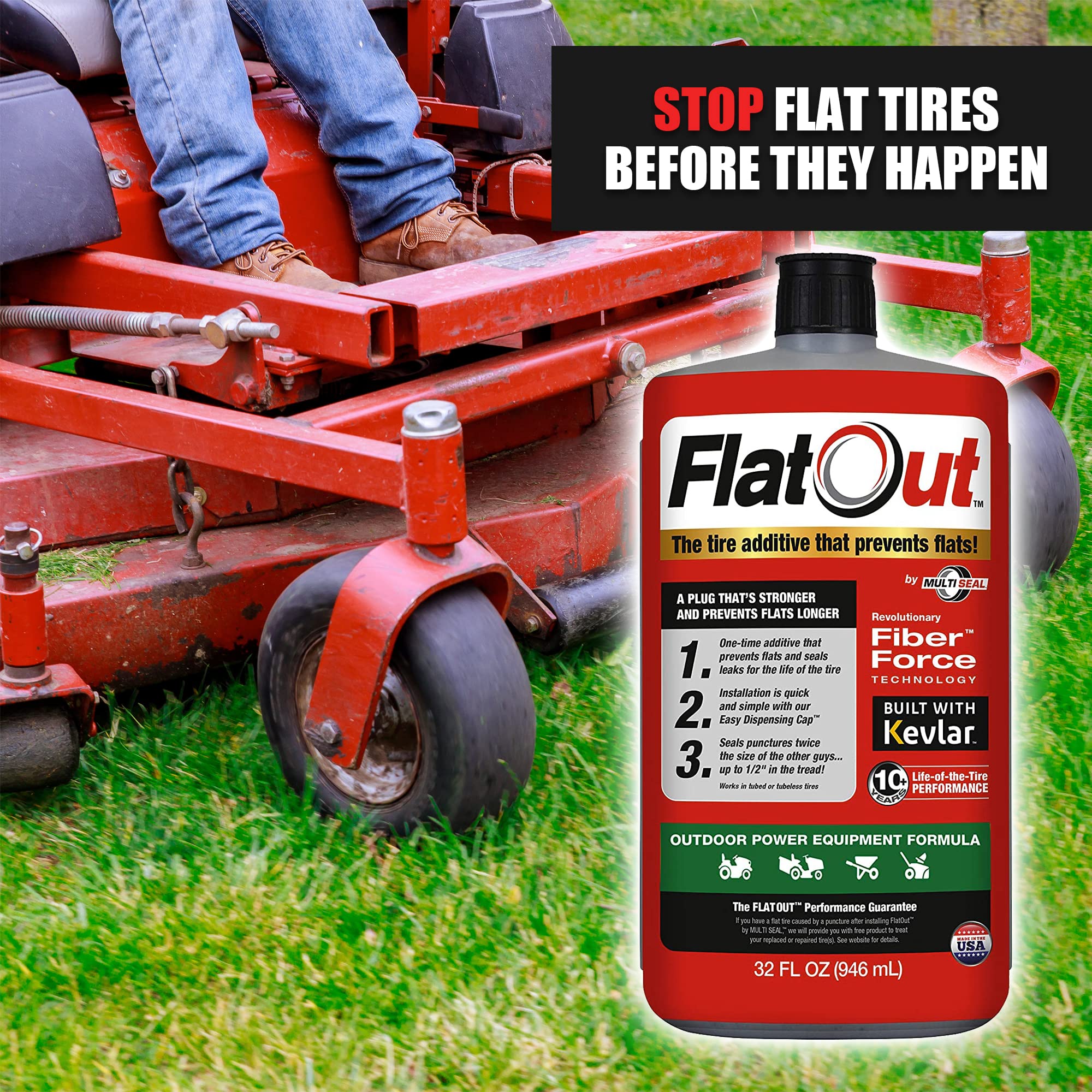 Flatout Tire Sealant Outdoor Power Equipment Formula - Prevent Flat Tires, Seal Leaks, Contains Kevlar, 32-Ounce Bottle, 4-Pack