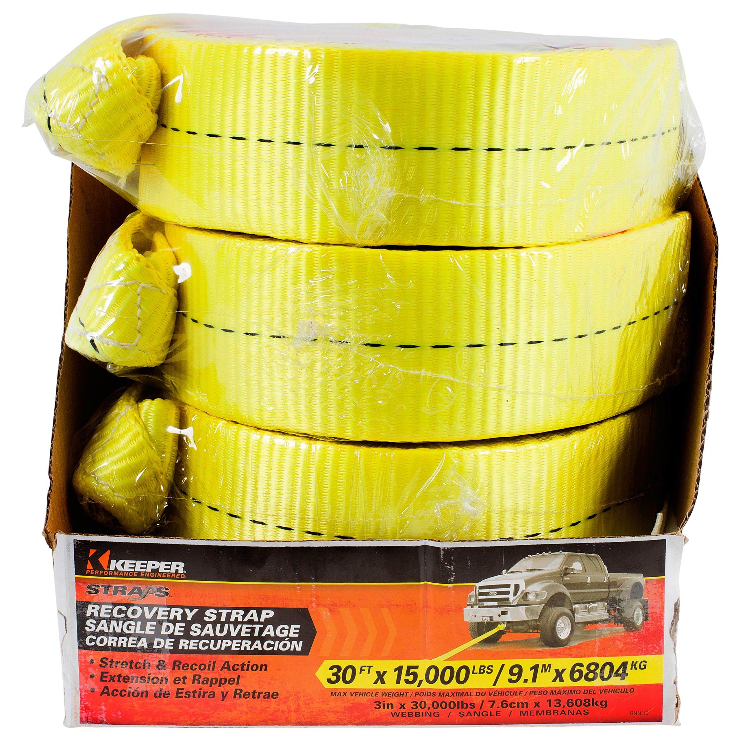 Keeper Tow Straps Heavy Duty With Loops - 3'' X 30' Recovery Strap, 30,000 Lbs Break Strength - Towing Rope For Trucks, Off-Road