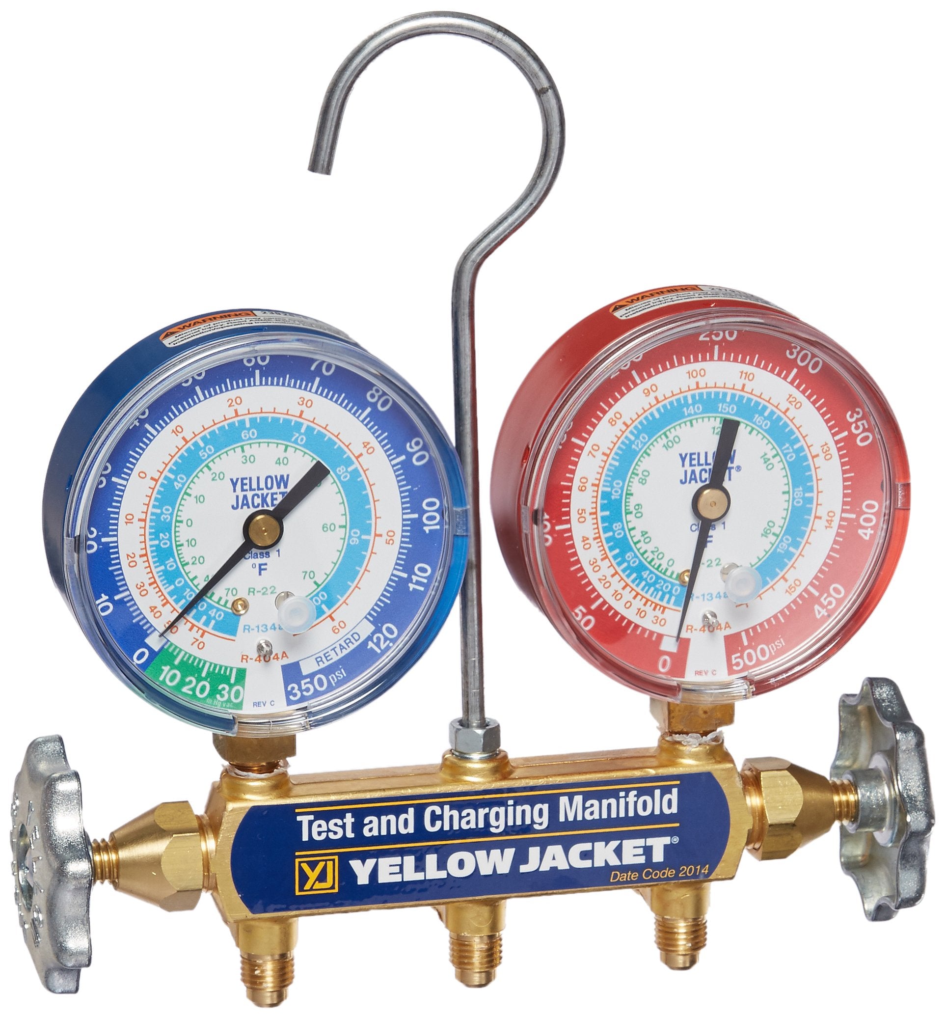 Yellow Jacket 42005 Manifold with 3-1/8 Color-Coded Gauges, psi, R-22/134A/404A (Clamshell) (Hoses not included)
