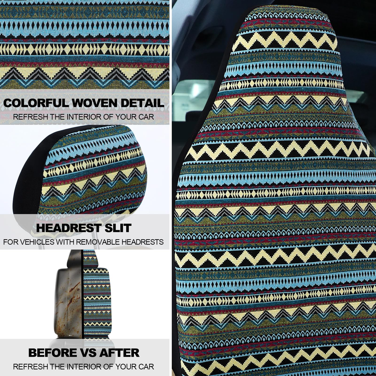 Frienda Baja Car Seat Covers Full Set Multicolor Stripe Car Seat Covers Boho Print Steering Wheel Cover Seat Belt Cover Crystal