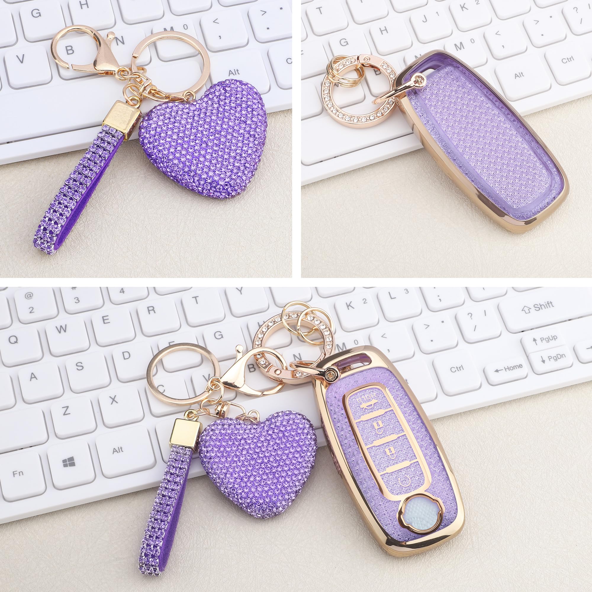 Vicoca for Nissan 4 Buttons Key fob Cover with Diamond Heart Keychain, Car Accessories TPU for Rogue SL Ariya FWD Pathfinder X-T
