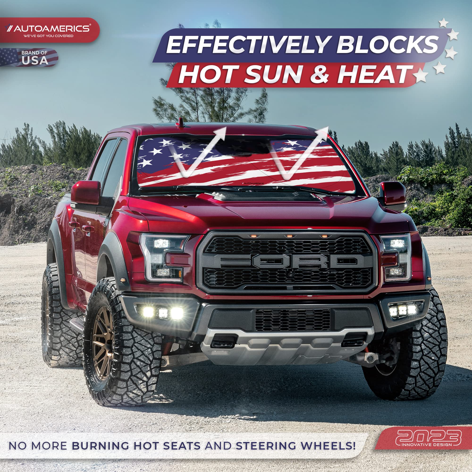 Autoamerics Truck Windshield Sun Shade With Storage Pouch & Anti-Slip Dash Pad - Foldable Usa Art Flag-2 Design - Fits Most Suvs