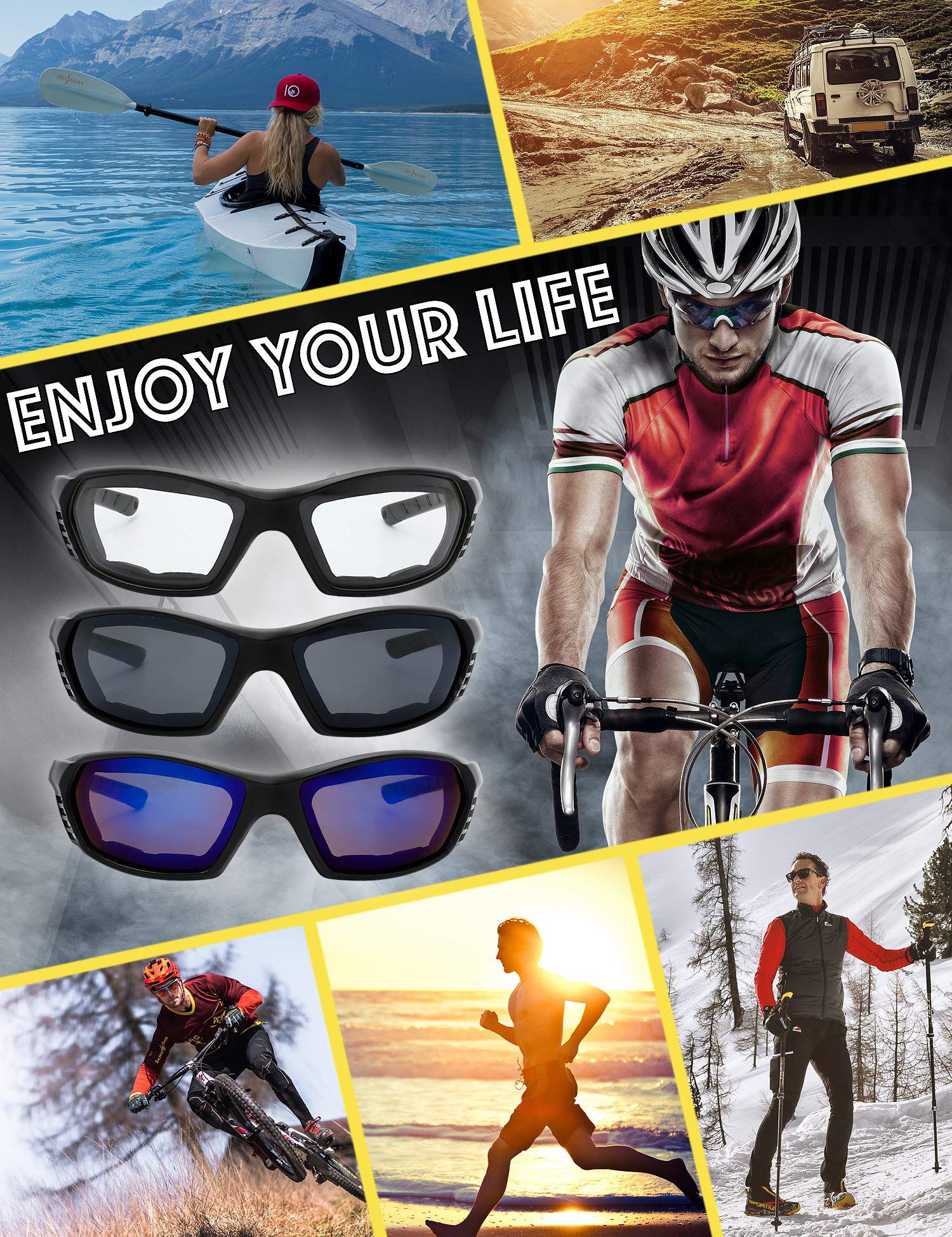 The Fresh Motorcycle Riding Glasses Padded Frame Lens Block 100% Uvb For Outdoor Activity Sport (24M-Matte Black, Clear, Grey, &