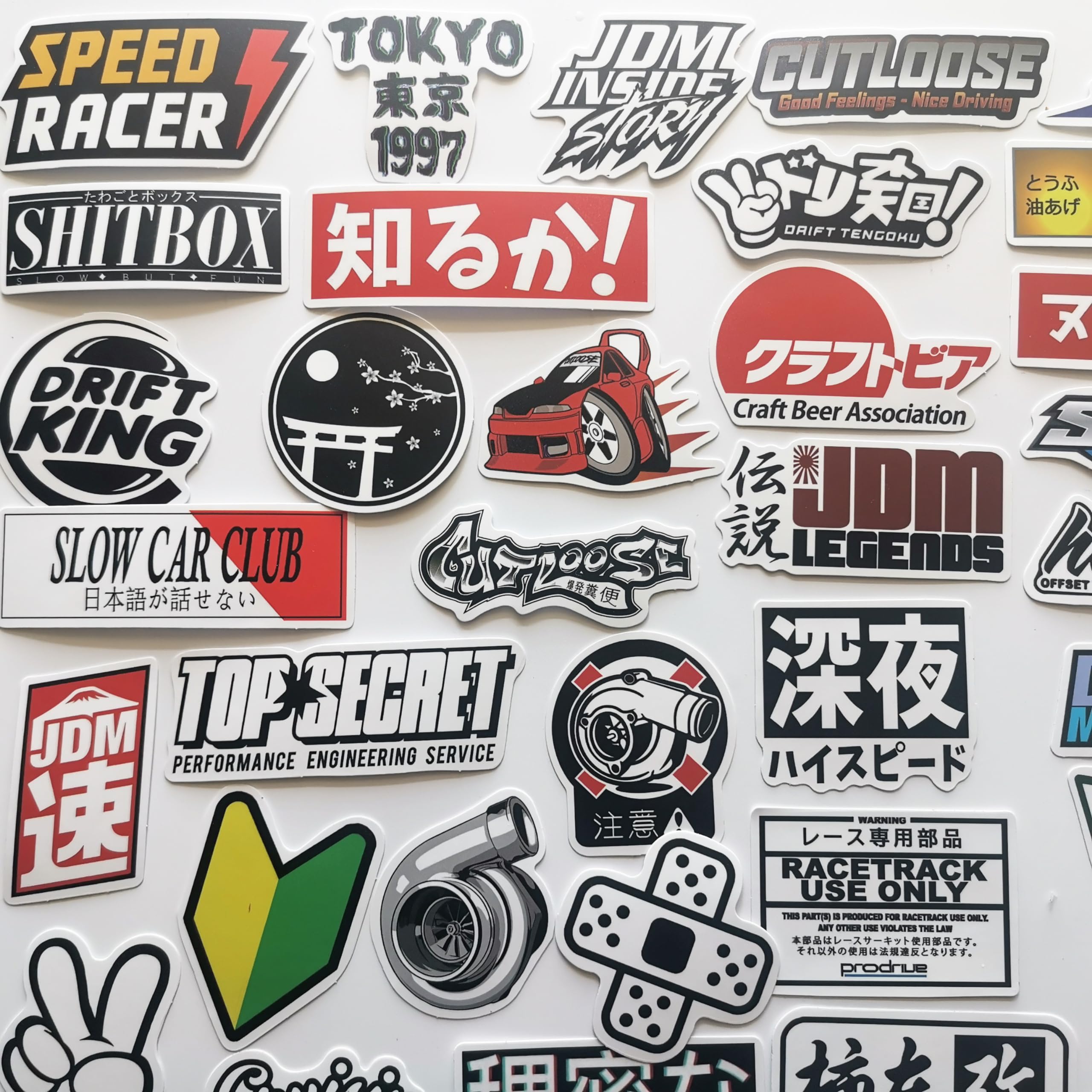 50Pcs Funny JDM Stickers Japanese Racing Graphics for Cars Motorcycle Helmet Decals Drift Slammed Auto Race Motors Motorbike Dec