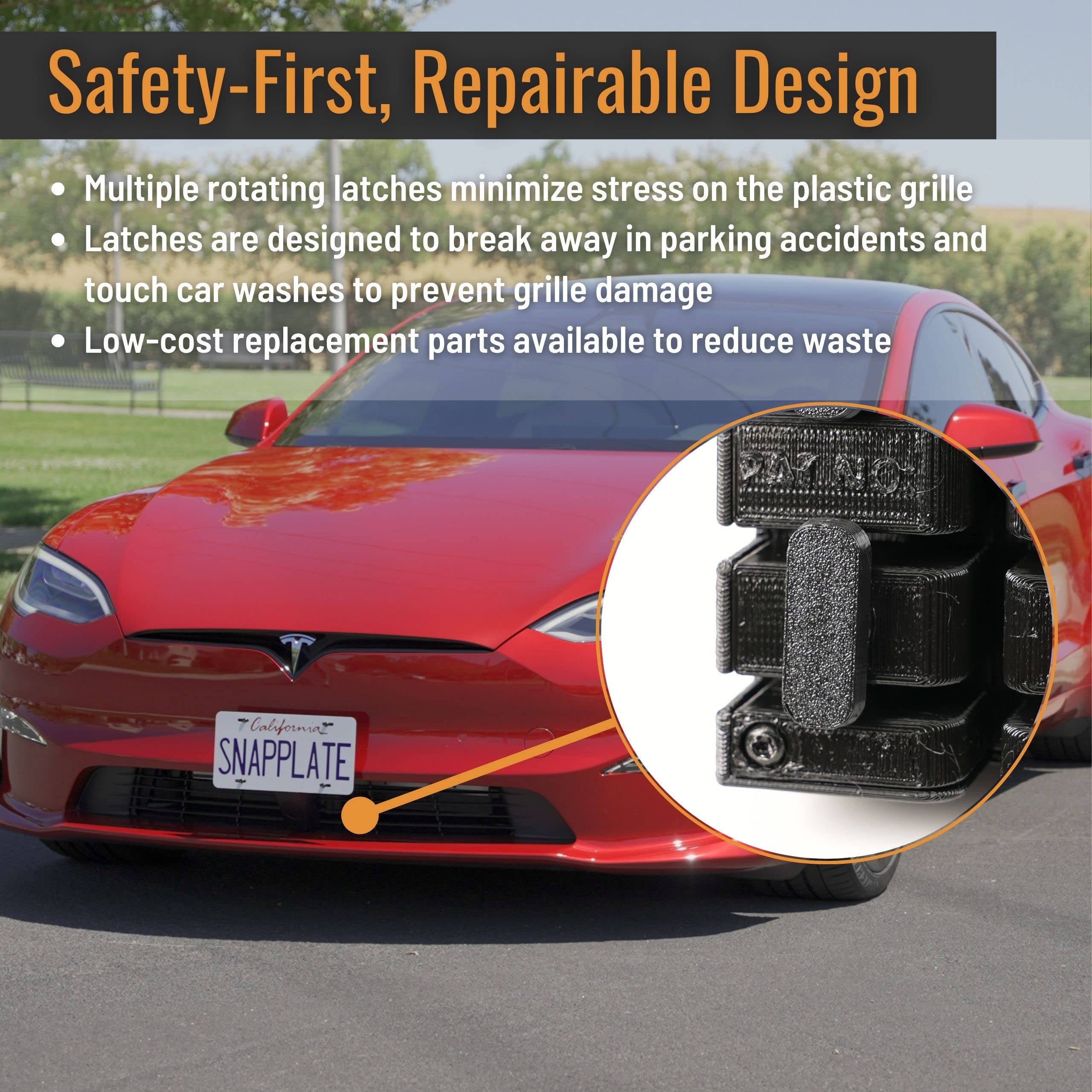 Snapplate Front License Plate Holder For Tesla Model S - Safety-Optimized Breakaway Design, Anti-Theft, Removable, Height-Adjust