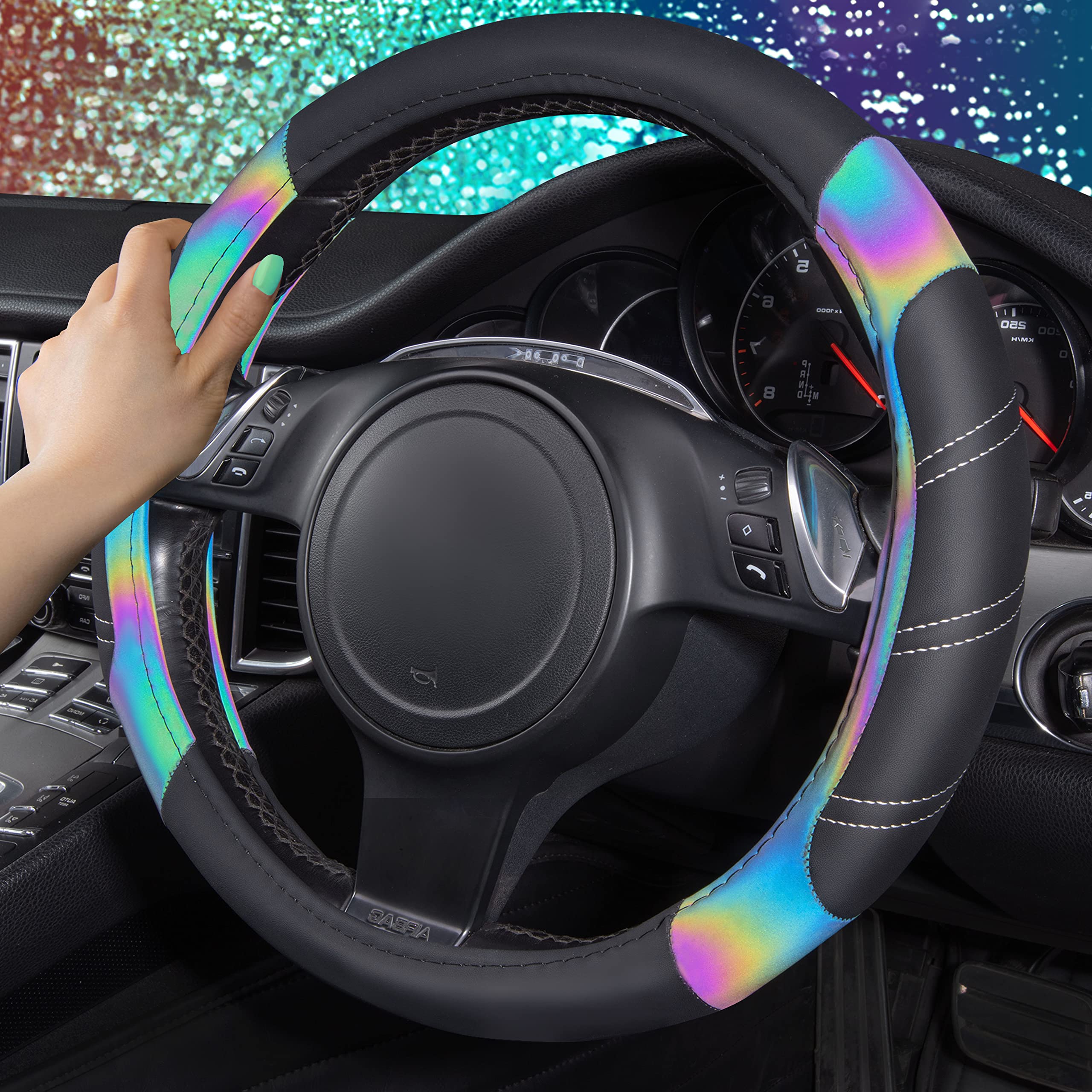 Car Pass Line Rider Microfiber Leather Sporty 14.5-15 Inch Steering Wheel Cover Universal Fits For 95% Truck,Suv,Cars, Anti-Slip