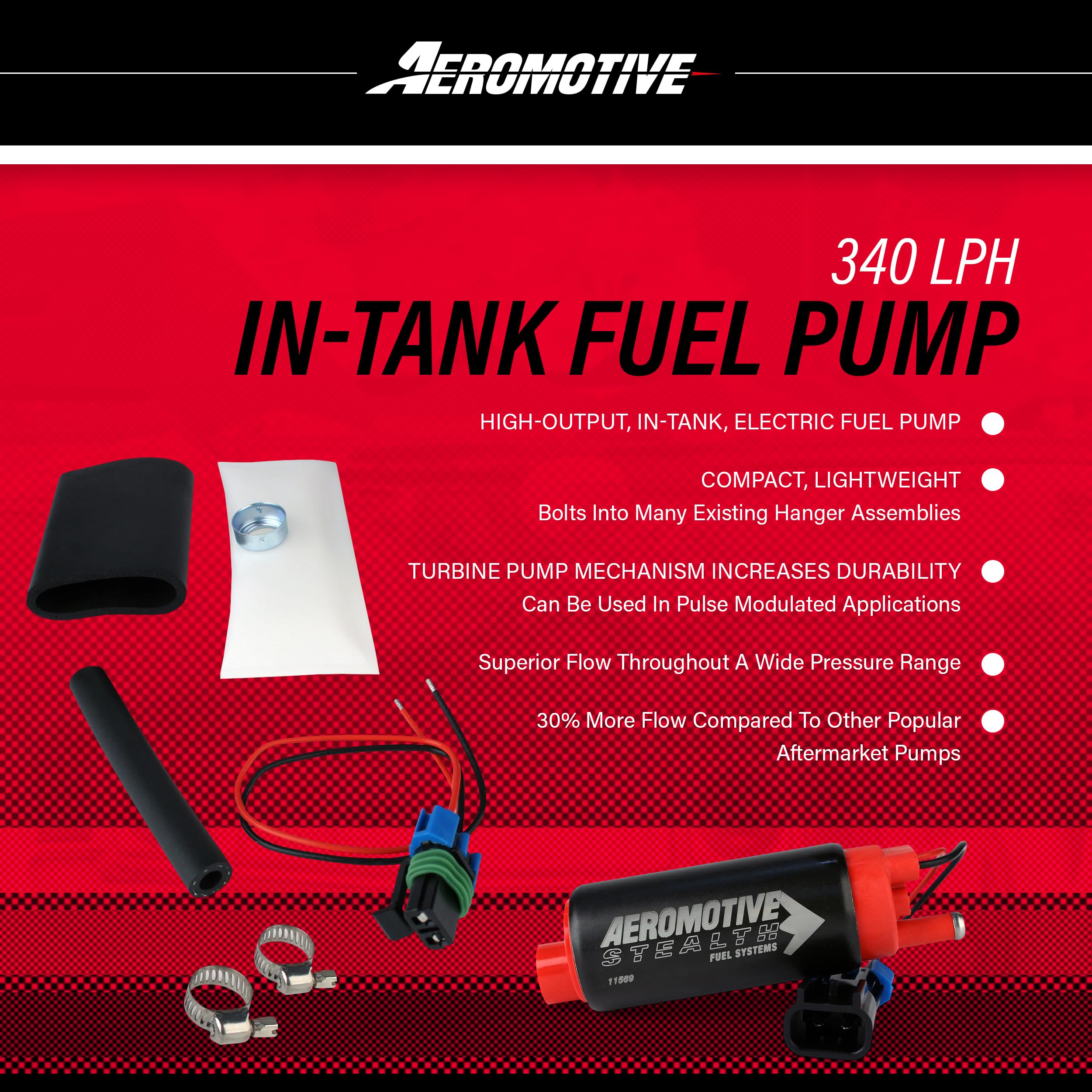 Aeromotive 11569 340 Series Stealth Intank Fuel Pump, High Horsepower, 12V Electric, Efi And Carbureted Engines, Gas Or E85 Fuel Type, Compatible With Gm Specific Applications