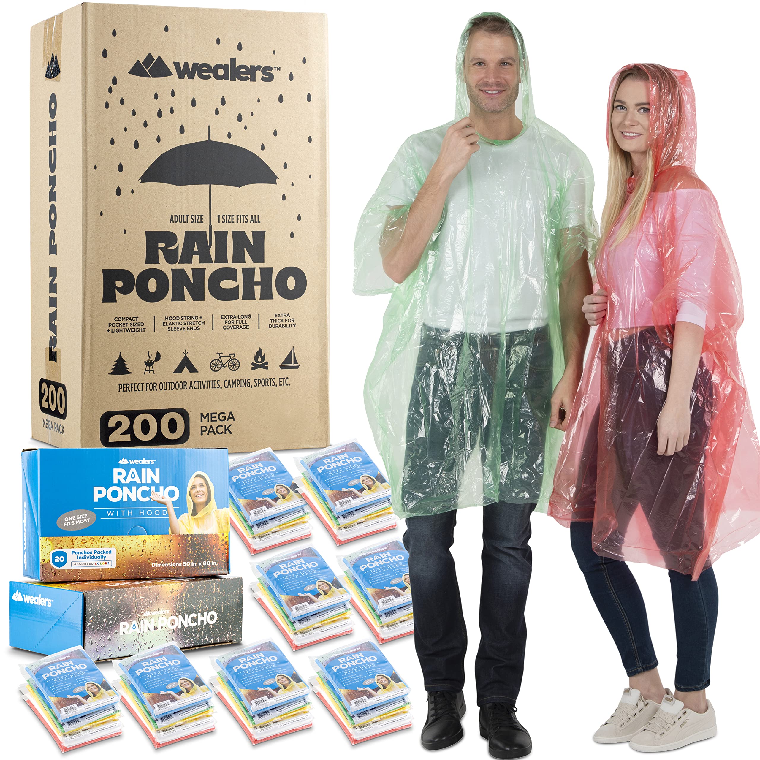 Wealers Rain Ponchos for Adults Teens Disposable Bulk Pack Emergency Raincoat Parks Outdoors Multi Colors Waterproof (Assorted, 