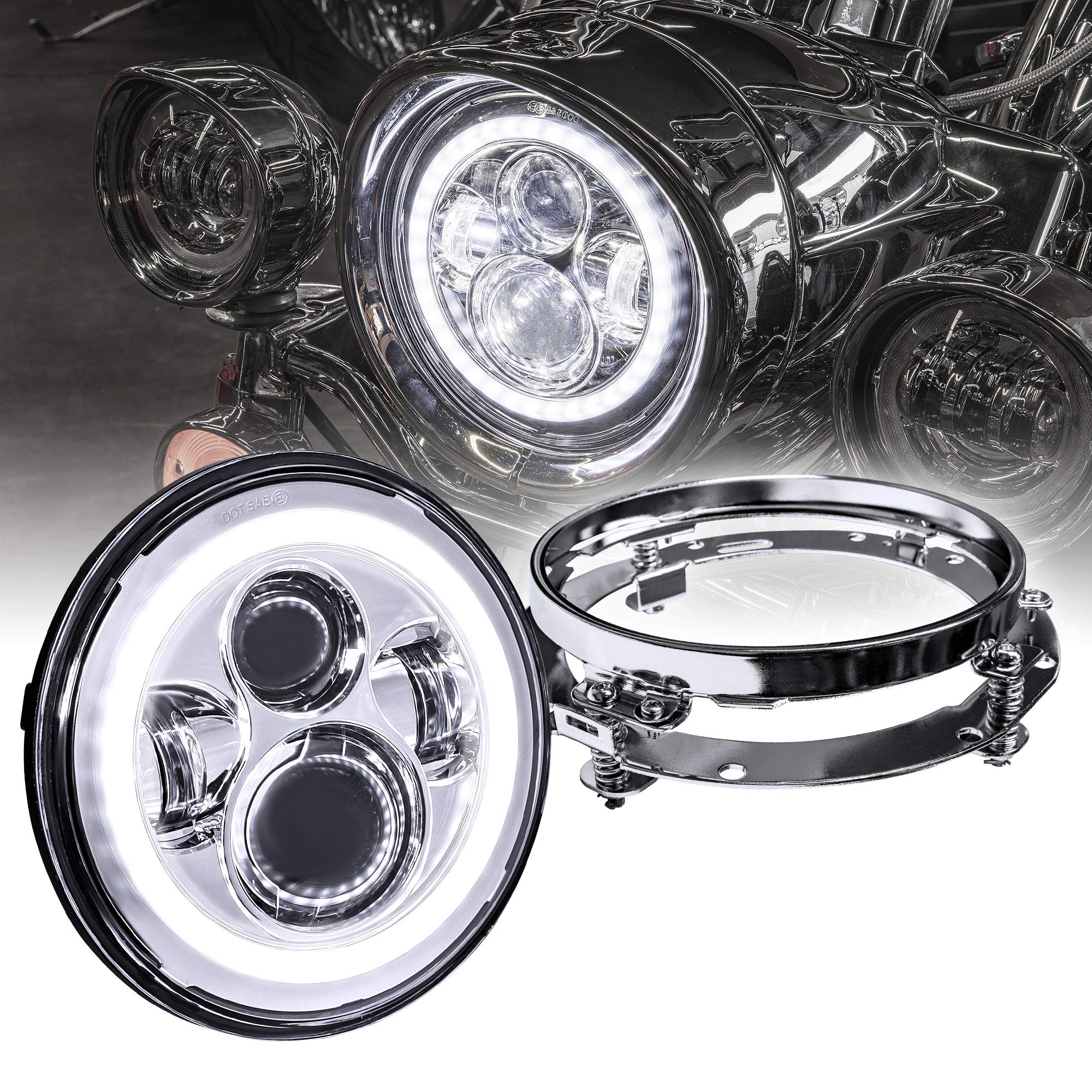 TRUE MODS 7'' LED Headlight for Harley Davidson + Mounting Bracket [Chrome-Finish] [HALO DRL] [4500 Lumen] [H4 Converter Plug n 