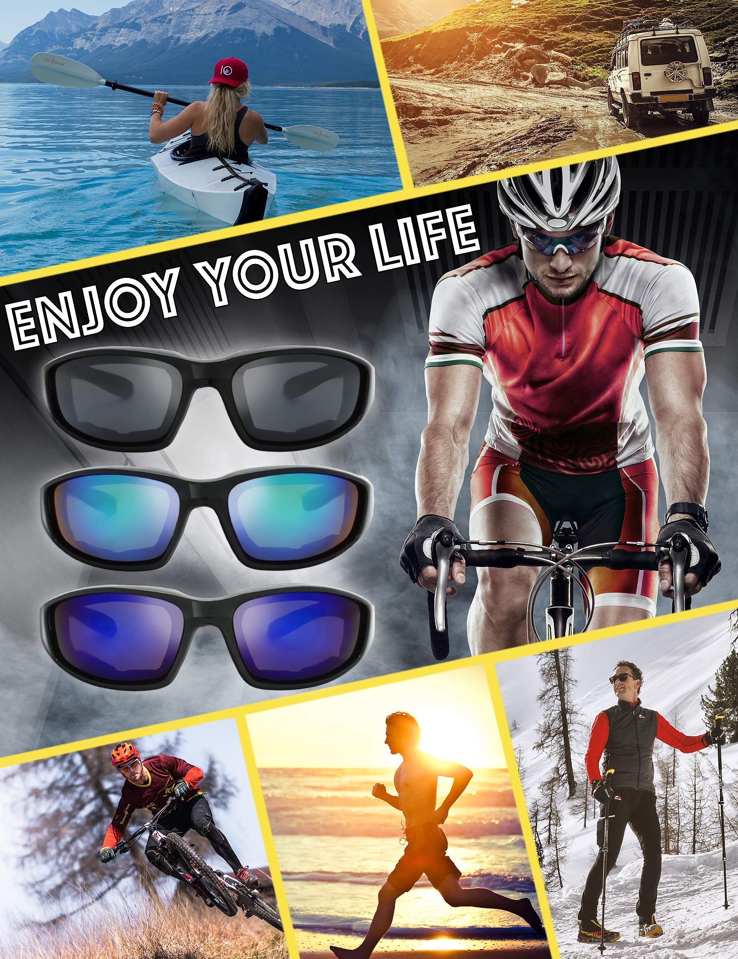 The Fresh Motorcycle Riding Glasses Padded Frame Lens Block 100% UVB for Outdoor Activity Sport (1402-Shiny Black, Grey, Green M