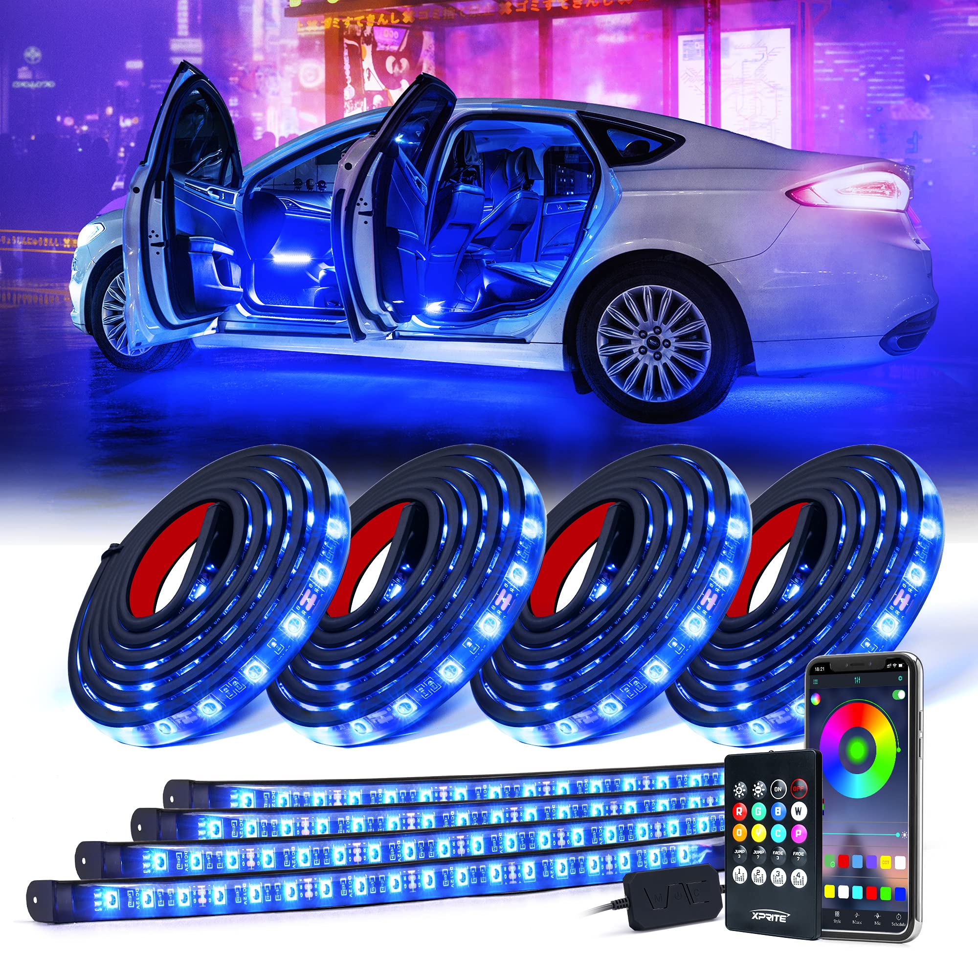 Xprite 8Pcs Car Rgb Led Strip Lights, Exterior Underglow & Interior Bluetooth Lights Kit, App Control & Wireless Remote, Music S