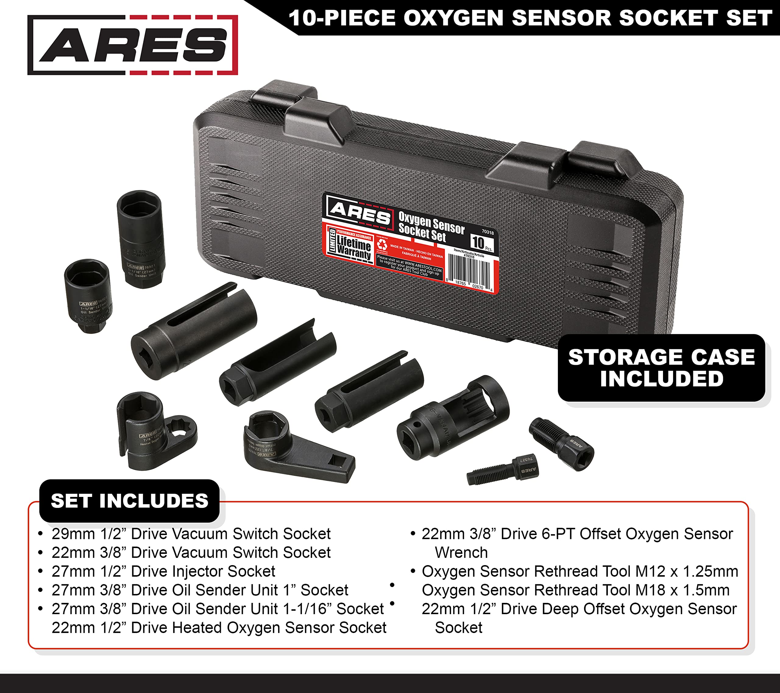 Ares 70318 10-Piece Oxygen Sensor Kit - Thread Chasers, Sockets For Oxygen Sensors, Injectors, & Oil Sending Units - Chrome Vana